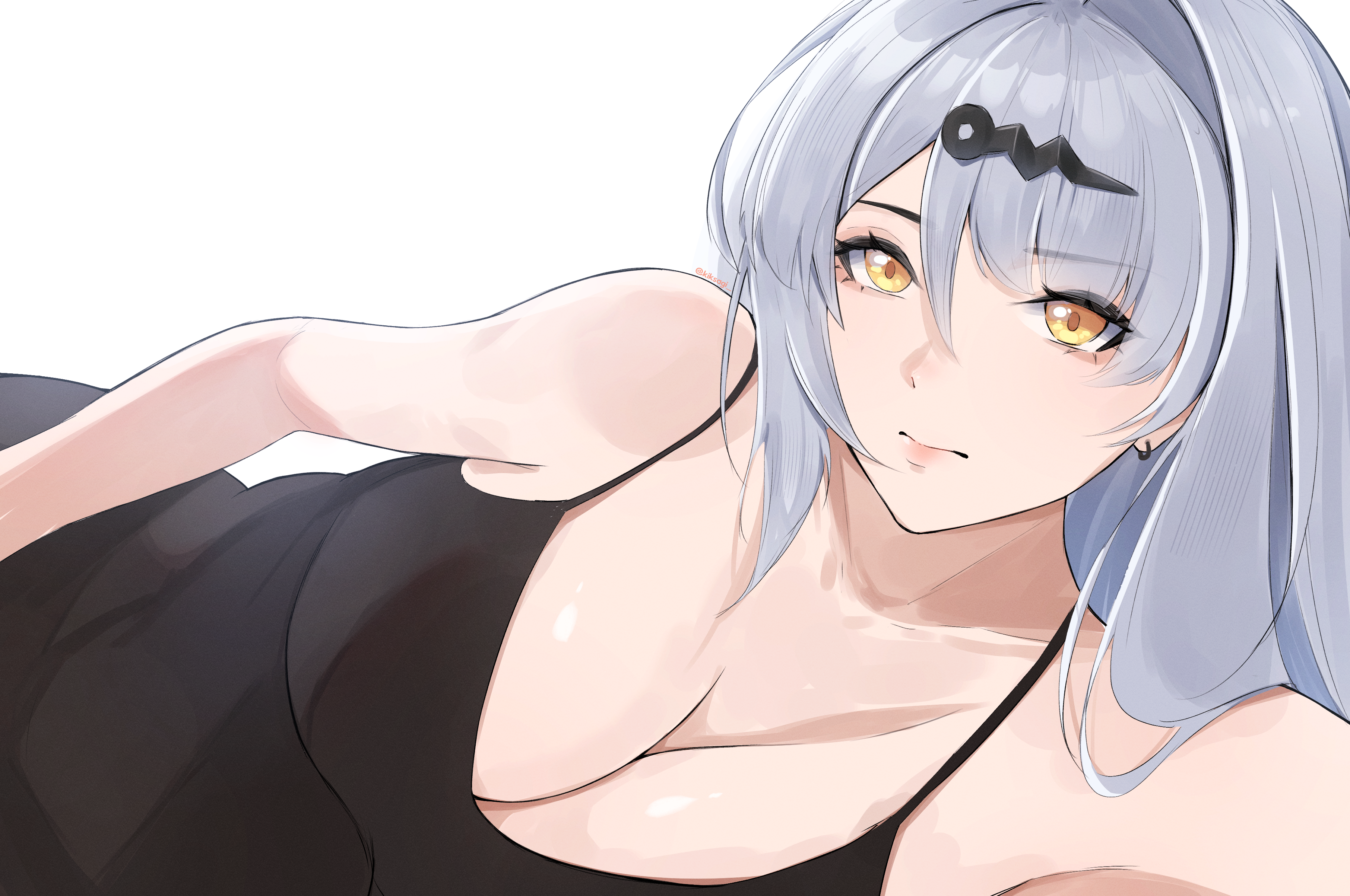 kiksagi, yixuan (zenless zone zero), zenless zone zero, absurdres, commentary, highres, 1girl, alternate costume, arm at side, bare arms, bare shoulders, black dress, breasts, cleavage, closed mouth, collarbone, dress, earrings, grey hair, hair between eyes, hair ornament, hairclip, jewelry, large breasts, long hair, looking at viewer, lying, on side, simple background, sleeveless, sleeveless dress, solo, spaghetti strap, twitter username, upper body, white background, yellow eyes