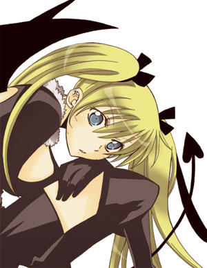 naruko (naruto), uzumaki naruto, naruto (classic), naruto (series), artist request, lowres, 1girl, black dress, black ribbon, black thighhighs, blonde hair, blue eyes, breasts, demon girl, demon tail, demon wings, dress, facial mark, facing viewer, female focus, from side, genderswap, genderswap (mtf), gloves, hair between eyes, hair ornament, hair ribbon, hair tie, large breasts, leaning forward, long hair, looking at viewer, parted lips, ribbon, sexy no jutsu, simple background, sitting, solo, tail, thighhighs, twintails, whisker markings, whiskers, white background, wings
