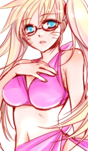 mako (omega plus), naruko (naruto), uzumaki naruto, naruto (classic), naruto (series), hand on chest, lowres, 1girl, bare arms, bare shoulders, bikini, blonde hair, blue eyes, blush, bra, breasts, facial mark, facing viewer, female focus, genderswap, genderswap (mtf), glasses, hair tie, hand on breast, hand on own chest, hand up, large breasts, long hair, looking at viewer, navel, panties, parted lips, purple bikini, purple bra, purple panties, scar, sexy no jutsu, simple background, solo, standing, swimsuit, tongue, twintails, underwear, whisker markings, whiskers, white background