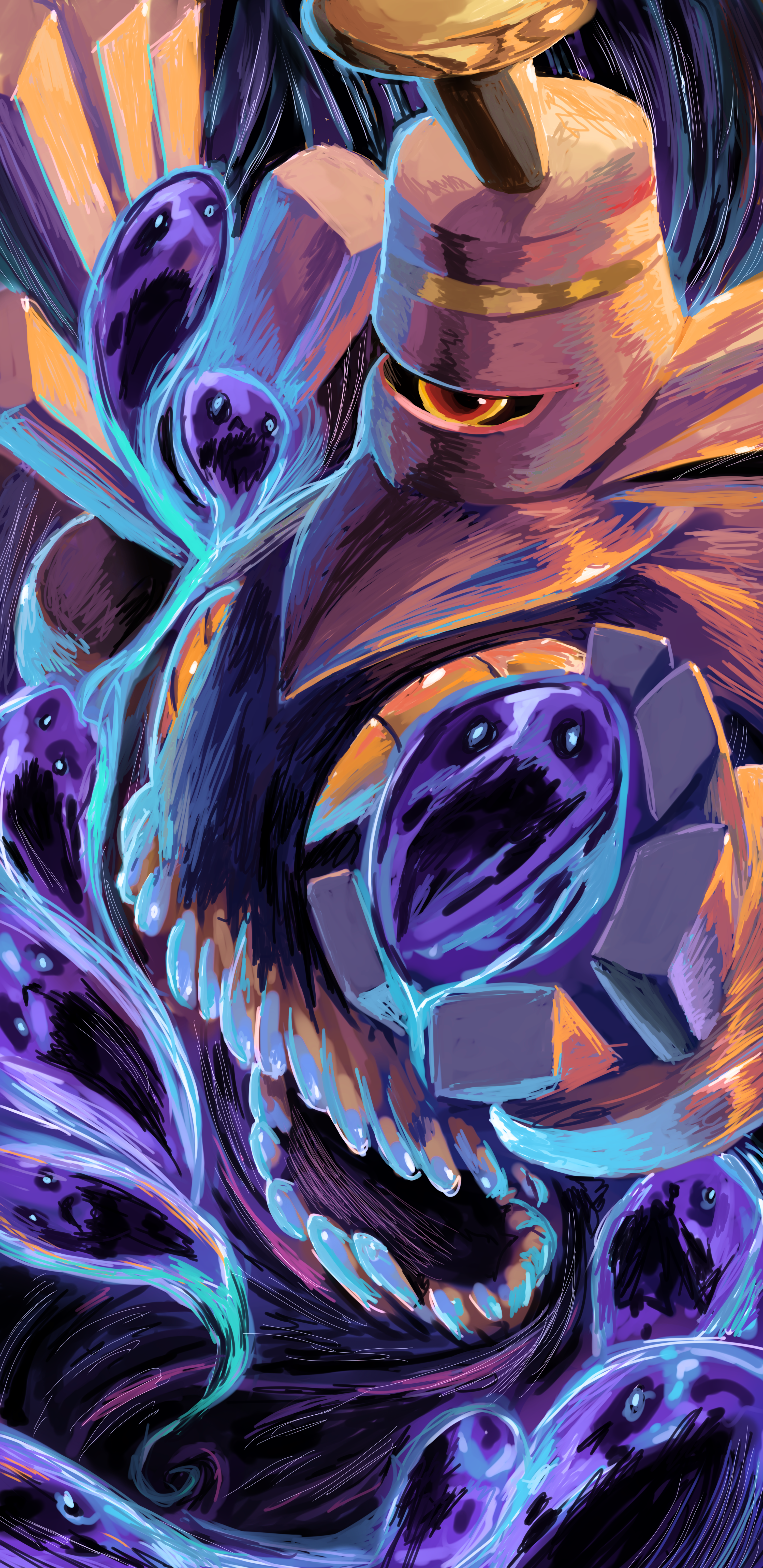 miyagawa (maxggguys), dusknoir, nintendo, pokemon, absurdres, commentary request, highres, gen 4 pokemon, ghost, one-eyed, open mouth, pokemon (creature), pokemon focus, stomach mouth, teeth