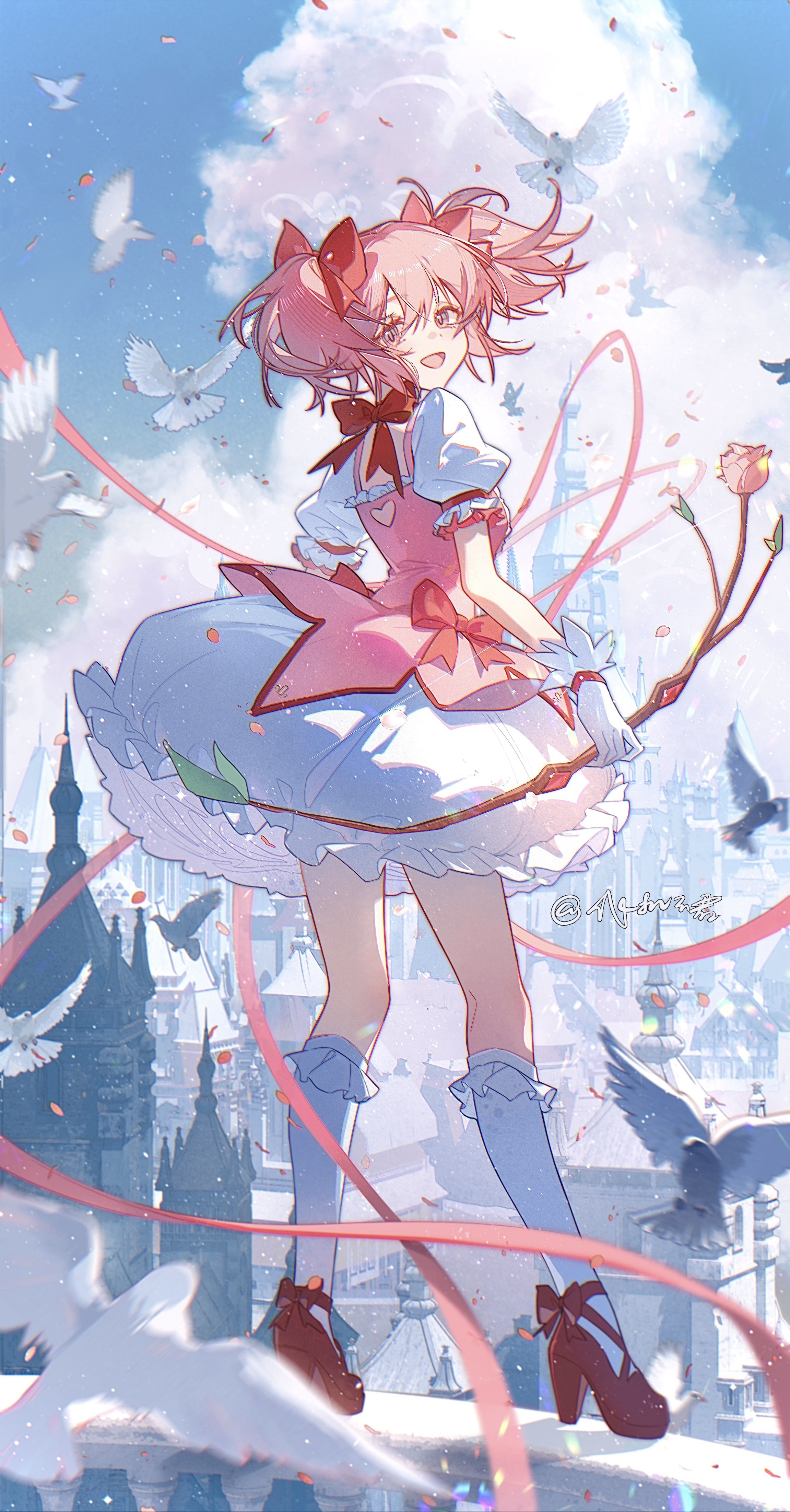 cloudyman, kaname madoka, mahou shoujo madoka magica, absurdres, highres, 1girl, bird, blush, choker, dress, full body, gem, gloves, hair ribbon, long hair, magical girl, open mouth, outdoors, pigeon, pink eyes, pink gemstone, pink hair, red choker, ribbon, short twintails, skirt under dress, smile, socks, solo, soul gem, twintails, white gloves, white socks