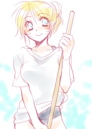 mako (omega plus), naruko (naruto), uzumaki naruto, naruto (classic), naruto (series), lowres, 1girl, blonde hair, blue eyes, blush, breasts, broom, closed mouth, collarbone, facial mark, facing viewer, female focus, genderswap, genderswap (mtf), hair bun, hand up, happy, holding, holding broom, long hair, looking at viewer, medium breasts, old school swimsuit, one-piece swimsuit, school swimsuit, sexy no jutsu, shirt, short sleeves, single hair bun, smile, solo, standing, swimsuit, t-shirt, tied shirt, whisker markings, whiskers, white shirt