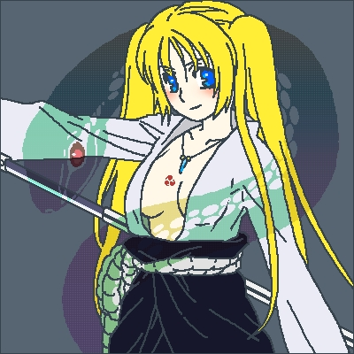 boo!king, naruko (naruto), uchiha sasuke, uzumaki naruto, naruto (classic), naruto (series), naruto shippuuden, lowres, 1girl, arm up, belt, blonde hair, blue eyes, blush, breast tattoo, breasts, breasts apart, chest tattoo, closed mouth, collarbone, cosplay, curse seal, drawing sword, facing viewer, female focus, genderswap, genderswap (mtf), happy, holding, holding sword, holding weapon, japanese clothes, jewelry, kimono, long hair, long sleeves, looking at viewer, medium breasts, necklace, no bra, outstretched arm, rope belt, scabbard, sheath, smile, snake, solo, standing, sword, tattoo, twintails, uchiha sasuke (cosplay), unsheathing, weapon