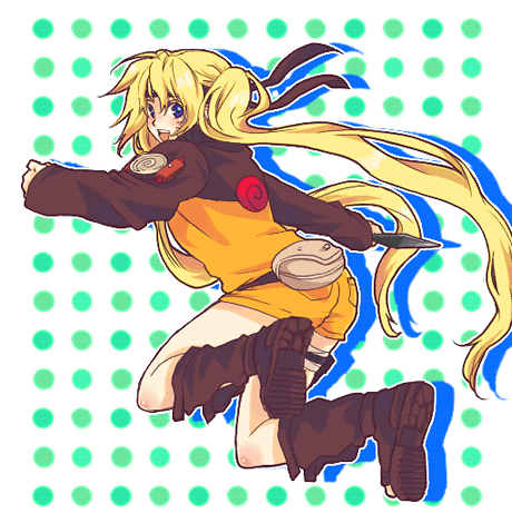 boo!king, naruko (naruto), uzumaki naruto, naruto (classic), naruto (series), naruto shippuuden, lowres, 1girl, arm up, ass, bag, bandages, black jacket, blonde hair, blue eyes, blush, boots, breasts, facial mark, facing viewer, female focus, floating hair, full body, genderswap, genderswap (mtf), hands up, happy, headband, holding, holding knife, holding kunai, holding weapon, holster, jacket, jumping, knife, kunai, legs up, long hair, long sleeves, looking at viewer, looking back, medium breasts, multicolored jacket, ninja, open mouth, orange jacket, orange shorts, shorts, smile, solo, teeth, thigh holster, thigh strap, tongue, twintails, very long hair, weapon, whisker markings, whiskers