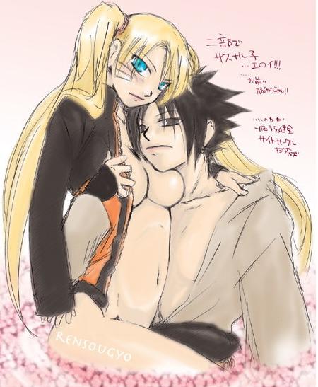satuki37, naruko (naruto), uchiha sasuke, uzumaki naruto, naruto (classic), naruto (series), naruto shippuuden, translation request, 1boy, 1girl, belt, black eyes, black hair, black jacket, blonde hair, blue eyes, bottomless, breasts, closed mouth, collarbone, facial mark, facing viewer, genderswap, genderswap (mtf), hair tie, hand up, happy, hetero, hug, jacket, japanese clothes, japanese text, kimono, long hair, long sleeves, looking at viewer, matching hair/eyes, medium breasts, multicolored jacket, naked jacket, navel, nude, on lap, on person, open clothes, open jacket, open shirt, orange jacket, shirt, short hair, sitting, sitting on lap, sitting on person, smile, spiked hair, twintails, whisker markings, whiskers