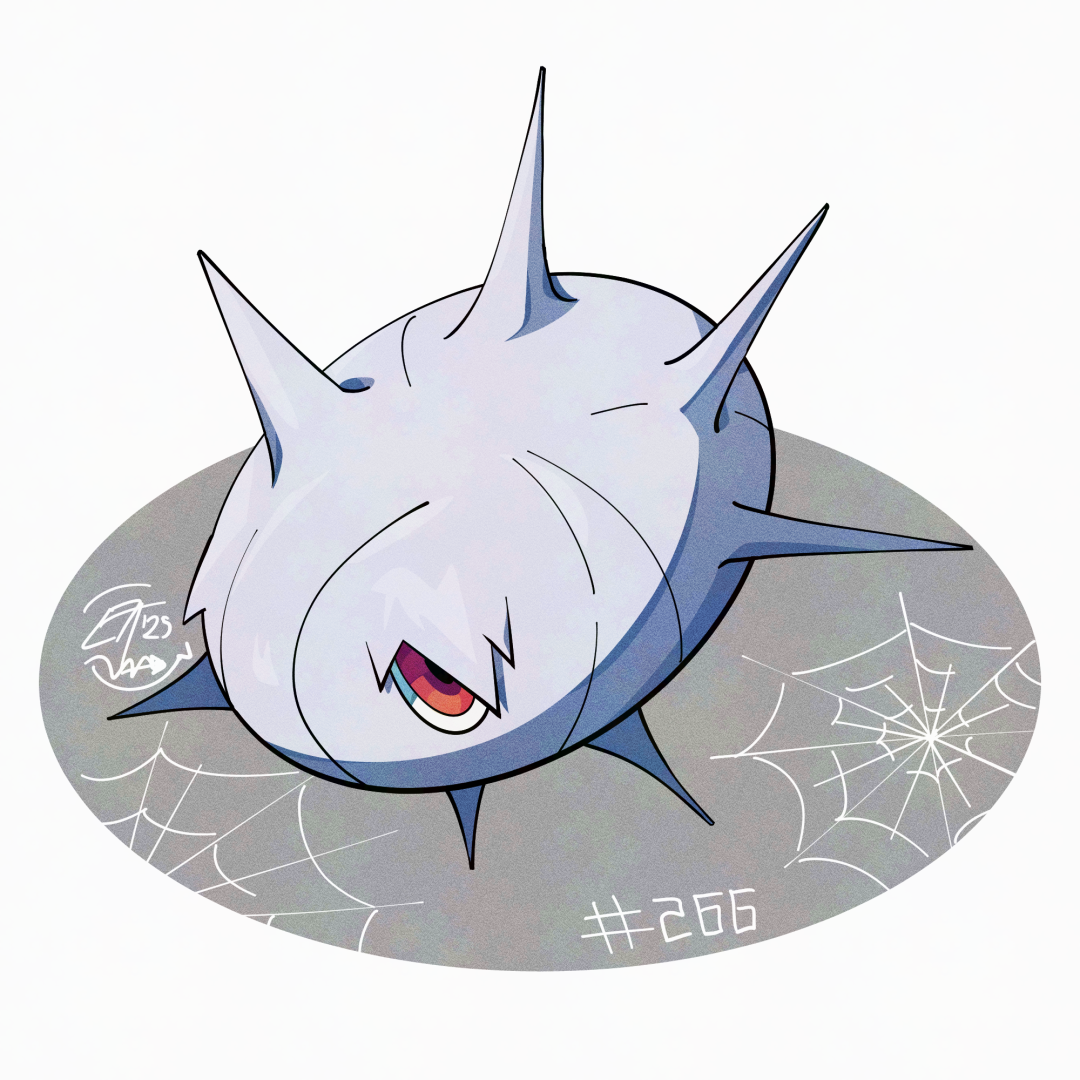 mistray-art, silcoon, nintendo, pokemon, gen 3 pokemon, looking at viewer, no humans, numbered, pokemon (creature), red eyes, signature, simple background, solo, white background