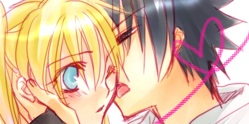 mako (omega plus), naruko (naruto), uchiha sasuke, uzumaki naruto, naruto (classic), naruto (series), naruto shippuuden, lowres, 1boy, 1girl, black eyes, black hair, blonde hair, blue eyes, blush, close-up, couple, facial mark, facing another, genderswap, genderswap (mtf), hair between eyes, half-closed eyes, hand on another's cheek, hand on another's face, hand up, heart, hetero, licking, long hair, looking at another, matching hair/eyes, one eye closed, open mouth, parted lips, short hair, spiked hair, tongue, tongue out, twintails, whisker markings, whiskers