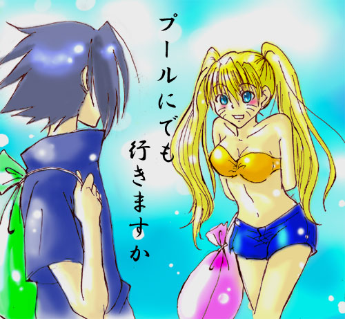 naruko (naruto), uchiha sasuke, uzumaki naruto, naruto (classic), naruto (series), artist request, lowres, translation request, 1boy, 1girl, arms behind back, bag, bare arms, bare shoulders, bikini, bikini top only, black hair, blonde hair, blue eyes, blue shirt, blue shorts, blue sky, blush, bra, breasts, cloud, collarbone, couple, denim, denim shorts, facial mark, facing another, genderswap, genderswap (mtf), happy, holding, japanese text, long hair, looking at another, medium breasts, midriff, navel, parted lips, shirt, short hair, short sleeves, shorts, sky, smile, spiked hair, standing, strapless, strapless bikini, swimsuit, talking, teeth, twintails, underwear, whisker markings, whiskers, yellow bikini, yellow bra