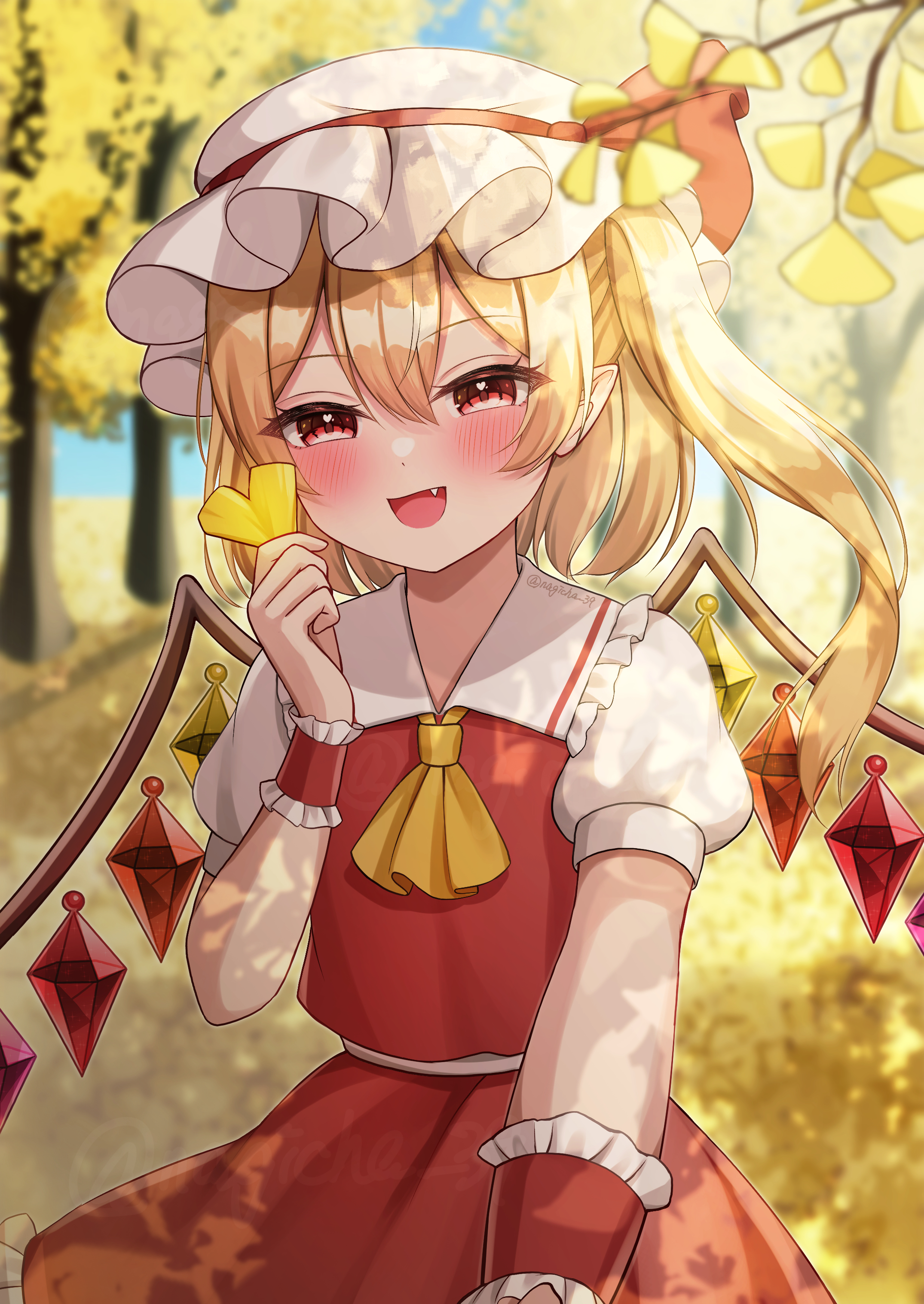 nagicha, flandre scarlet, touhou, absurdres, commentary request, highres, 1girl, ascot, autumn, blonde hair, blush, bow, collared shirt, crystal, crystal wings, detached sleeves, fang, frilled shirt collar, frills, ginkgo leaf, ginkgo tree, hair bow, hat, hat ribbon, heart, heart in eye, holding, holding leaf, leaf, looking at viewer, mob cap, multicolored wings, one side up, open mouth, outdoors, pointy ears, ponytail, puffy short sleeves, puffy sleeves, red eyes, red skirt, ribbon, shirt, short sleeves, skirt, skirt set, smile, solo, sunlight, symbol in eye, white hat, white shirt, wings, wrist cuffs, yellow ascot, yellow leaves