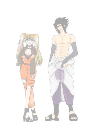 naruko (naruto), uchiha sasuke, uzumaki naruto, naruto (classic), naruto (series), naruto shippuuden, hand on leg, hand on thigh, artist request, lowres, 1boy, 1girl, abs, belt, black eyes, black hair, black jacket, blonde hair, blue eyes, breasts, cleavage, closed mouth, collarbone, facing viewer, forehead protector, full body, genderswap, genderswap (mtf), hand on own leg, hand on own thigh, happy, height difference, high heels, jacket, konohagakure symbol, large breasts, long hair, long sleeves, looking at viewer, matching hair/eyes, medium hair, multicolored jacket, muscular, navel, ninja, orange jacket, orange pants, pants, pectorals, purple pants, rope belt, sandals, simple background, smile, spiked hair, standing, topless female, twintails, white background