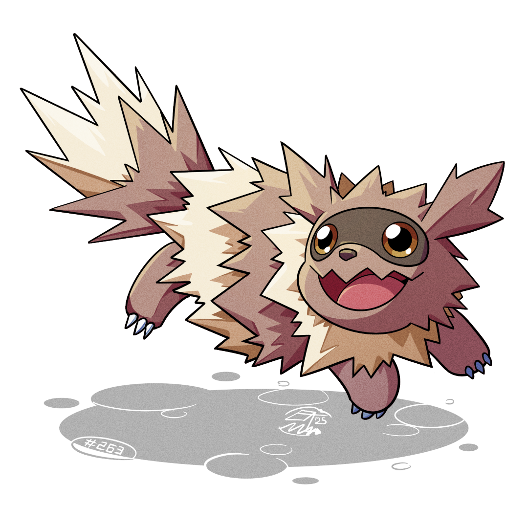 mistray-art, zigzagoon, nintendo, pokemon, brown eyes, brown fur, gen 3 pokemon, long sleeves, looking at viewer, no humans, numbered, open mouth, pokemon (creature), simple background, solo, two-tone fur, white background