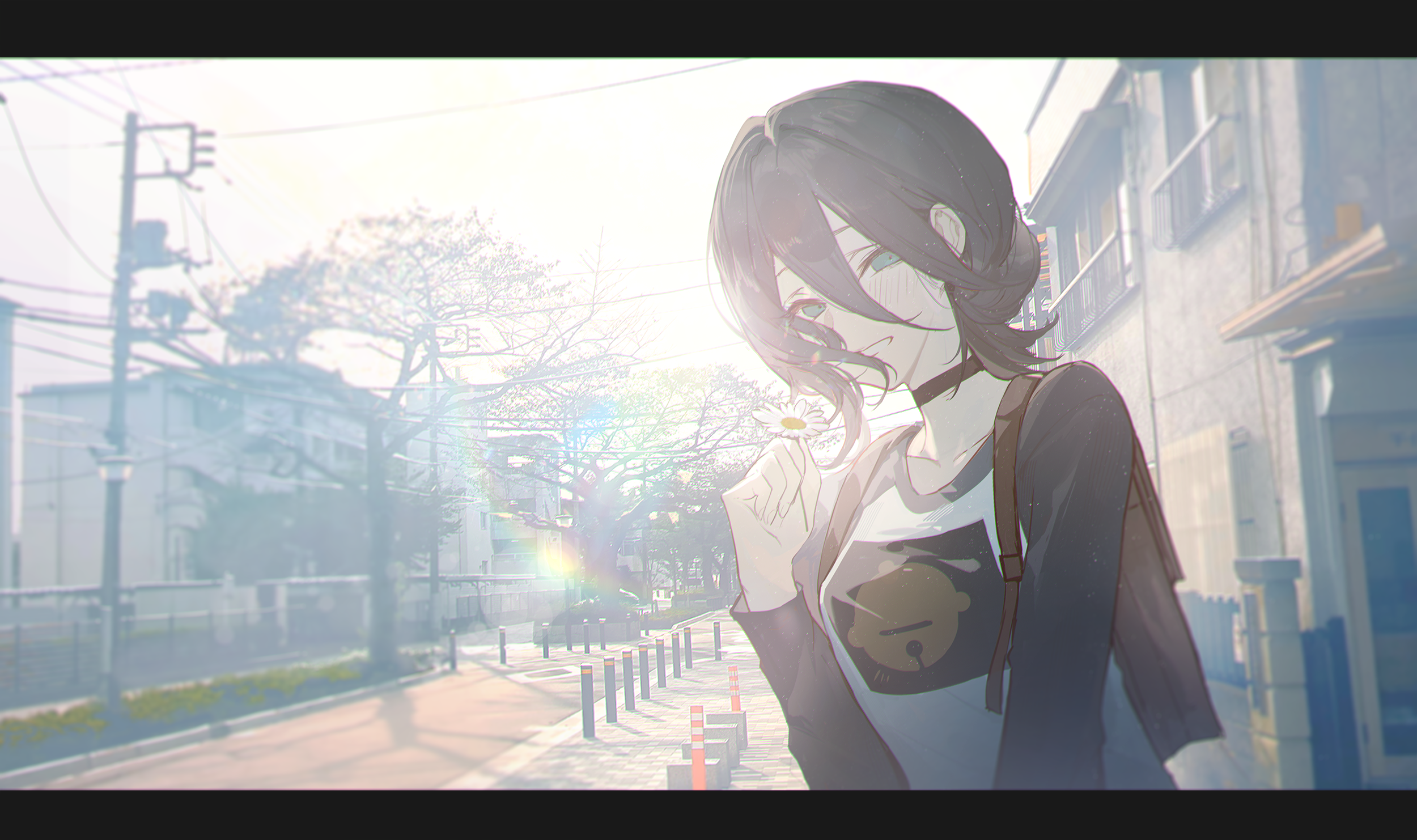 kuroduki, reze (chainsaw man), chainsaw man, commentary, english commentary, highres, 1girl, backlighting, backpack, bag, black choker, black hair, black shirt, brown bag, choker, collarbone, day, flower, green eyes, hair between eyes, holding, holding flower, house, letterboxed, light particles, long sleeves, looking at viewer, outdoors, photo background, power lines, shirt, short hair, sidelocks, sidewalk, solo, tree, two-tone shirt, upper body, utility pole, white shirt