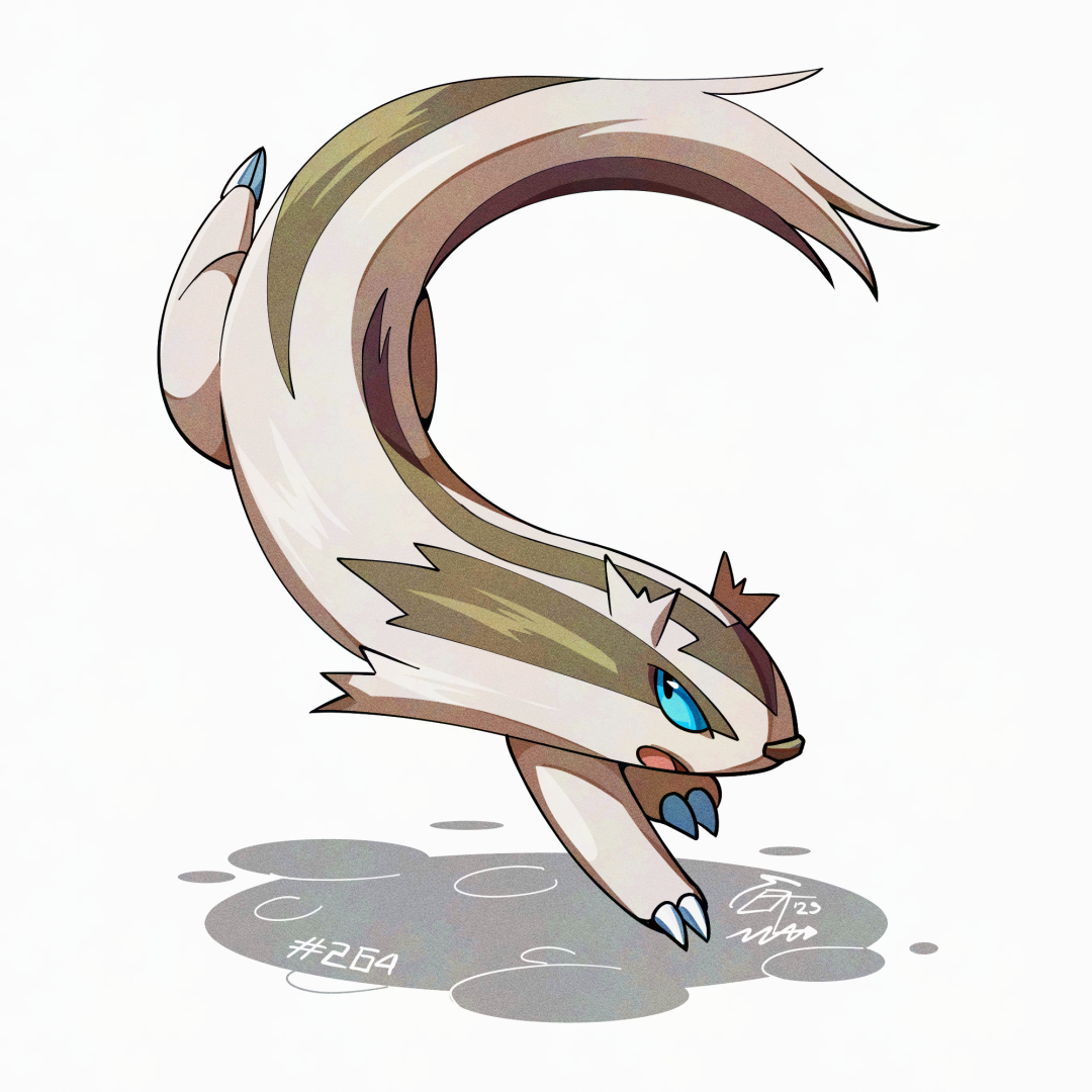 mistray-art, linoone, nintendo, pokemon, blue eyes, brown fur, claws, gen 3 pokemon, looking at viewer, no humans, numbered, pokemon (creature), signature, simple background, solo, tail, two-tone fur, white background