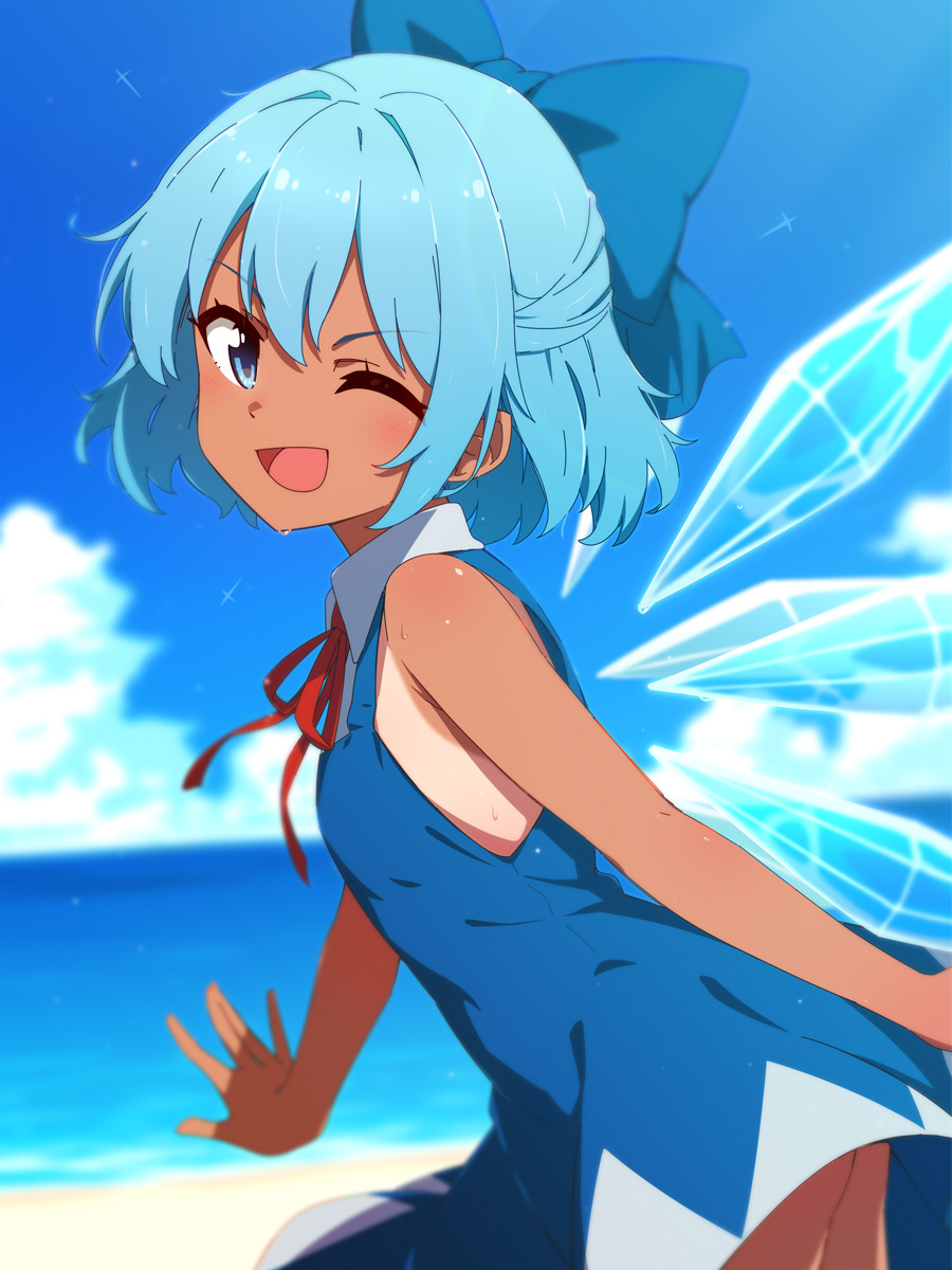 necono (nekonosora1207), cirno, tanned cirno, touhou, commentary request, highres, 1girl, beach, blue bow, blue dress, blue eyes, blue hair, blue sky, bow, cloud, collared shirt, day, detached wings, dress, hair bow, ice, ice wings, looking at viewer, neck ribbon, ocean, one eye closed, open mouth, outdoors, pinafore dress, red ribbon, ribbon, sand, shirt, sky, sleeveless, sleeveless dress, smile, solo, sweat, tan, tanline, white shirt, wings