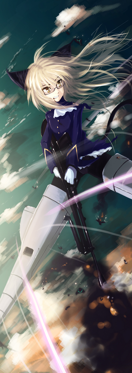 tc (pixiv), perrine h. clostermann, strike witches, world witches series, highres, 00s, 1girl, animal ears, blonde hair, blood, bren lmg, female focus, flying, glasses, gun, light machine gun, long hair, machine gun, solo, striker unit, tail, weapon, wind, yellow eyes