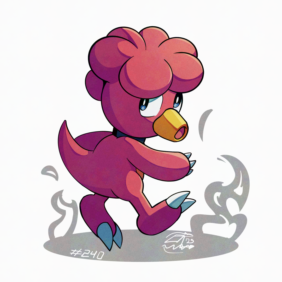 mistray-art, magby, nintendo, pokemon, claws, colored skin, gen 2 pokemon, looking at viewer, looking back, no humans, numbered, pokemon (creature), red skin, signature, simple background, solo, white background