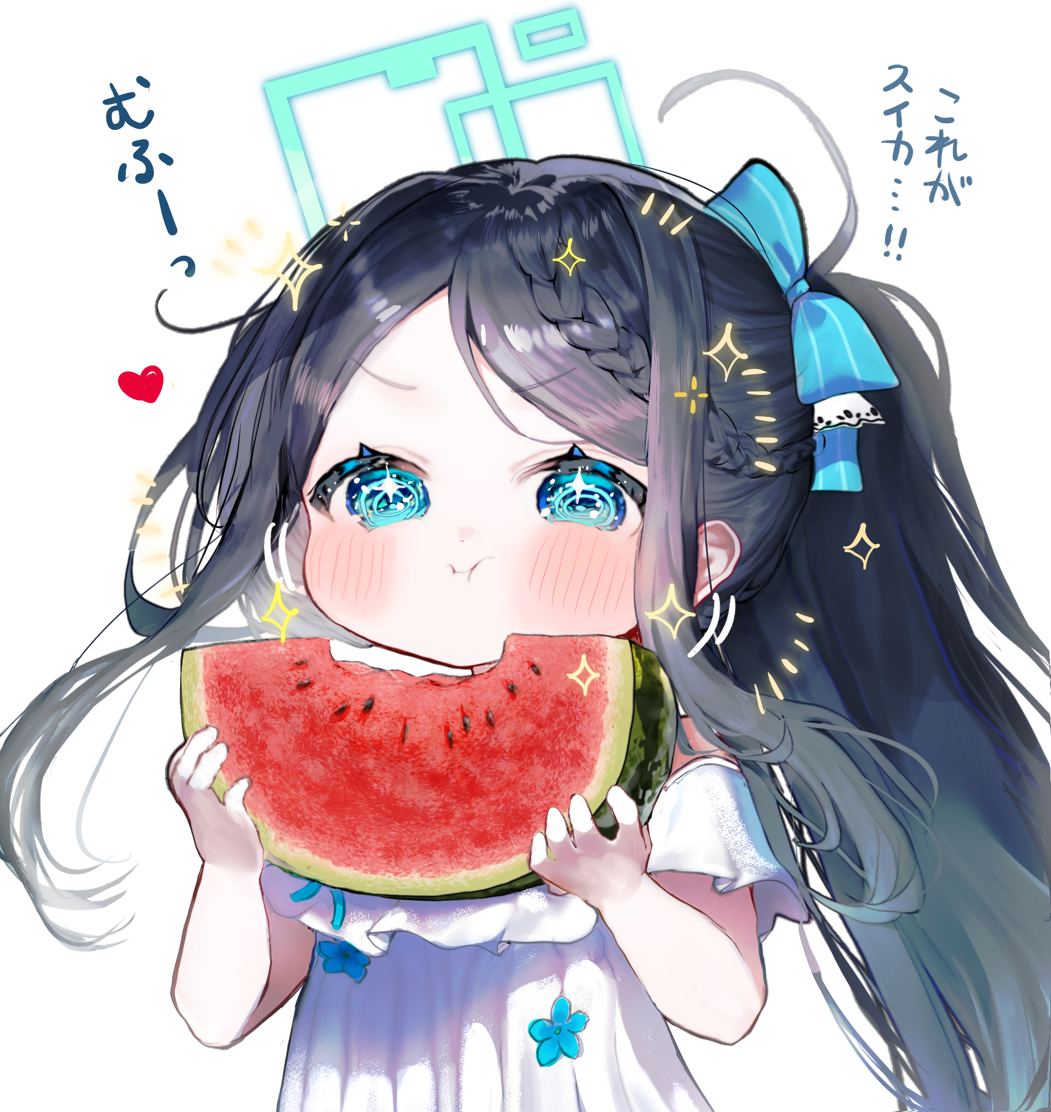 amanatsu uni, aris (blue archive), blue archive, highres, 1girl, black hair, blue eyes, blush, dress, eating, food, fruit, halo, holding, holding food, holding fruit, holding watermelon, long hair, ponytail, puffy cheeks, solo, sparkling eyes, very long hair, watermelon, watermelon slice, white background, white dress