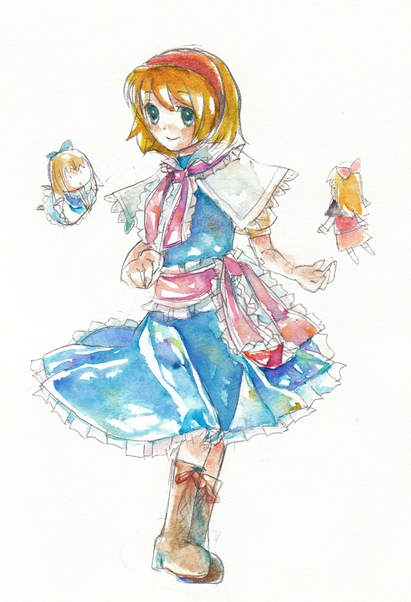 kara sumi, karasumi (susyounoame), alice margatroid, hourai doll, shanghai doll, touhou, bad id, bad pixiv id, painting (medium), traditional media, watercolor (medium), 1girl, doll, female focus, solo