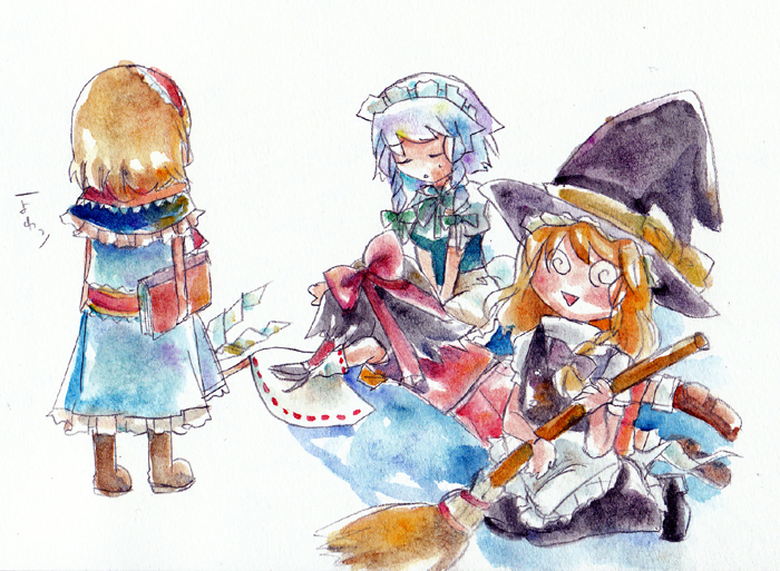 kara sumi, karasumi (susyounoame), alice margatroid, hakurei reimu, izayoi sakuya, kirisame marisa, touhou, bad id, bad pixiv id, painting (medium), traditional media, watercolor (medium), 4girls, apron, blonde hair, braid, closed eyes, female focus, frills, hat, looking at viewer, maid headdress, multiple girls, puffy short sleeves, puffy sleeves, short sleeves, simple background, single braid, waist apron, white background, wide-eyed, witch hat
