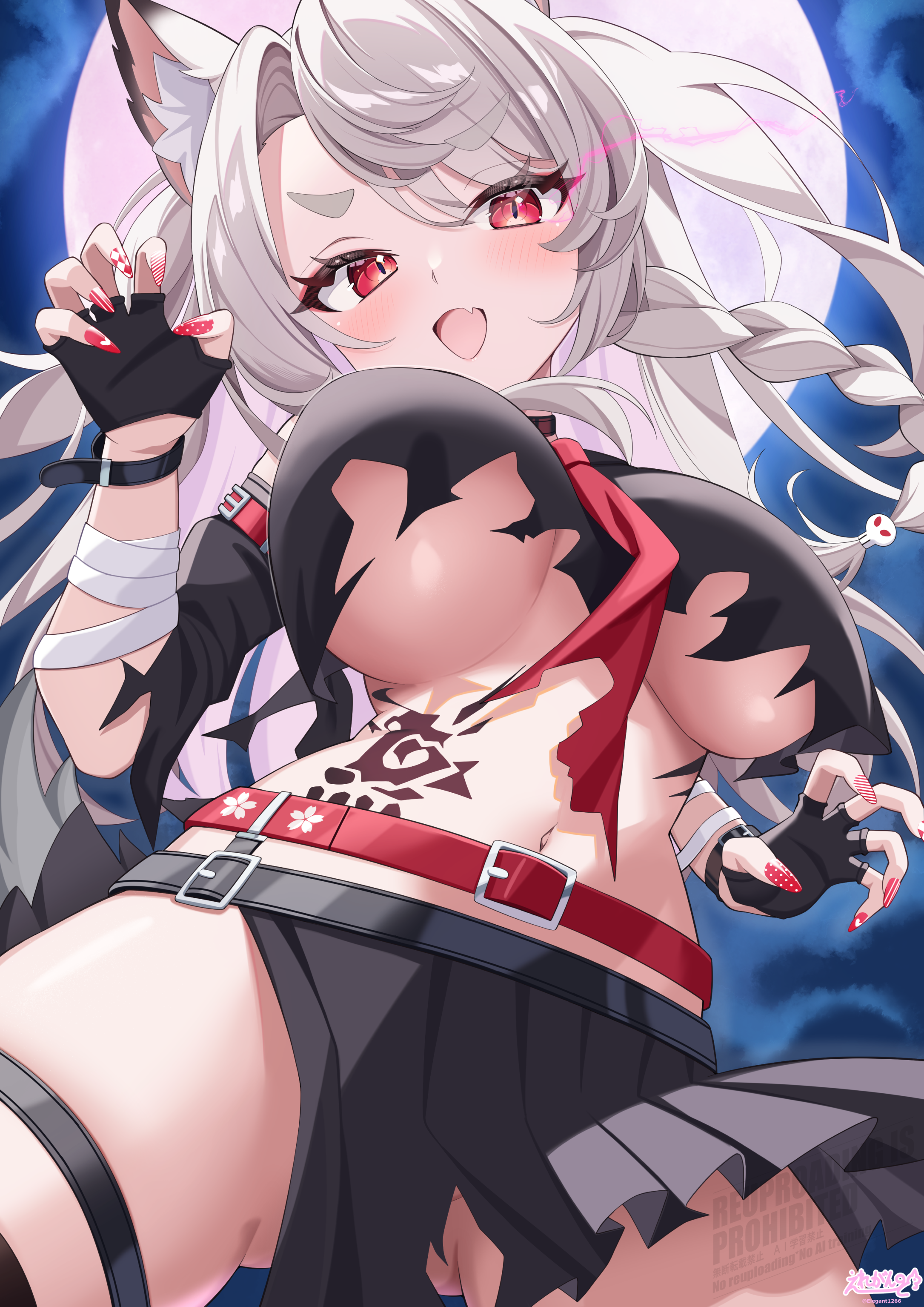 elegant (sumisumi4268), yuudachi (azur lane), yuudachi (meta) (azur lane), azur lane, absurdres, highres, 1girl, belt, black gloves, black shirt, black skirt, blush, braid, breasts, detached sleeves, fingerless gloves, full moon, gloves, large breasts, long hair, looking at viewer, moon, multicolored hair, nail polish, navel, necktie, open mouth, pink hair, red belt, red eyes, red nails, red necktie, shirt, skirt, smile, solo, stomach tattoo, streaked hair, tattoo, thigh strap, torn clothes, underboob, white hair
