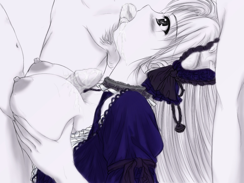 uni8, suigintou, rozen maiden, 00s, 1girl, alternate breast size (larger), blush, breasts, censored, cum, dress, fellatio, grabbing another's breast, groping, hetero, huge breasts, long hair, male pubic hair, monochrome, mosaic censoring, nipples, open clothes, open shirt, oral, paizuri, penis, pubic hair, shirt, solo focus, spot color
