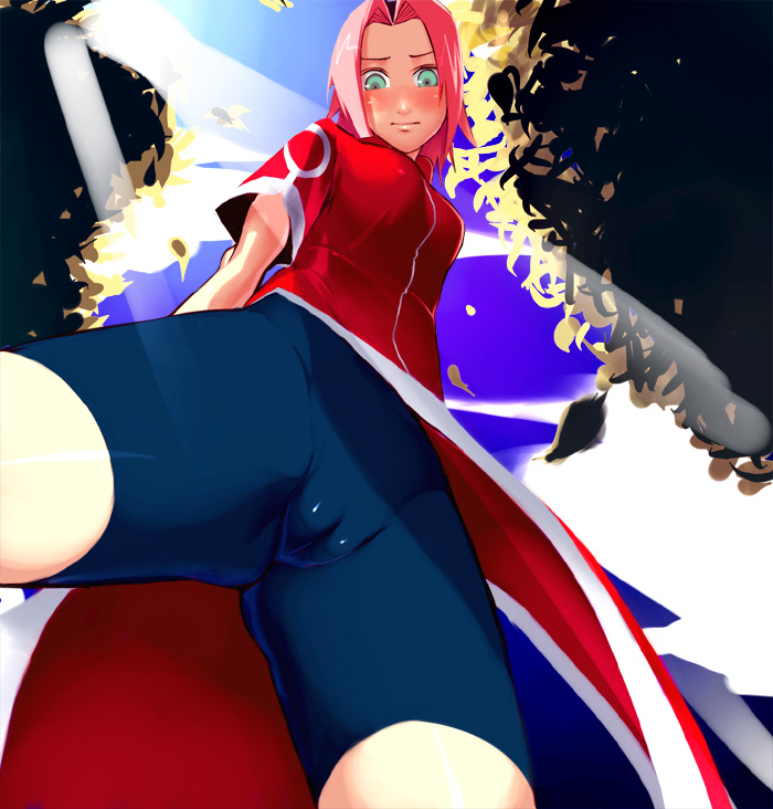 sawao, haruno sakura, naruto (classic), naruto (series), 1girl, aqua eyes, bike shorts, blue sky, blush, breasts, cameltoe, cloud, cloudy sky, crotch, dress, female focus, from below, looking at viewer, looking down, pink hair, red dress, short hair, short sleeves, shorts, side slit, skin tight, sky, solo, spandex, thighs, tree