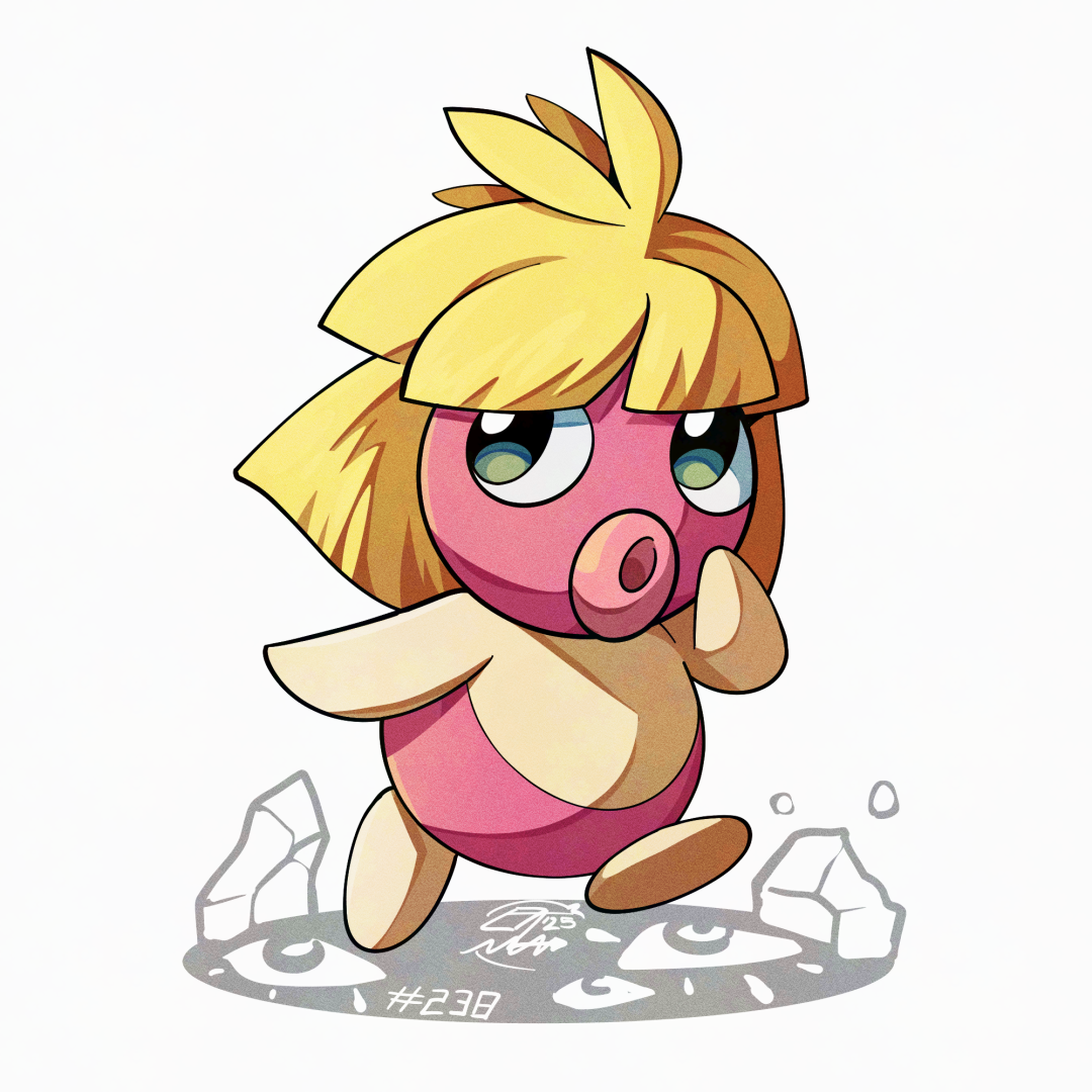 mistray-art, smoochum, nintendo, pokemon, 1girl, blonde hair, gen 2 pokemon, looking at viewer, numbered, pokemon (creature), simple background, solo, white background