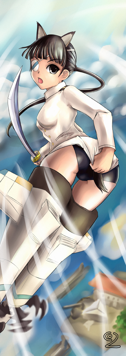 sakamoto mio, strike witches, world witches series, uniform, bad id, bad pixiv id, 00s, 1girl, animal ears, eyepatch, female focus, katana, solo, striker unit, swimsuit, swimsuit under clothes, sword, weapon, yuusei