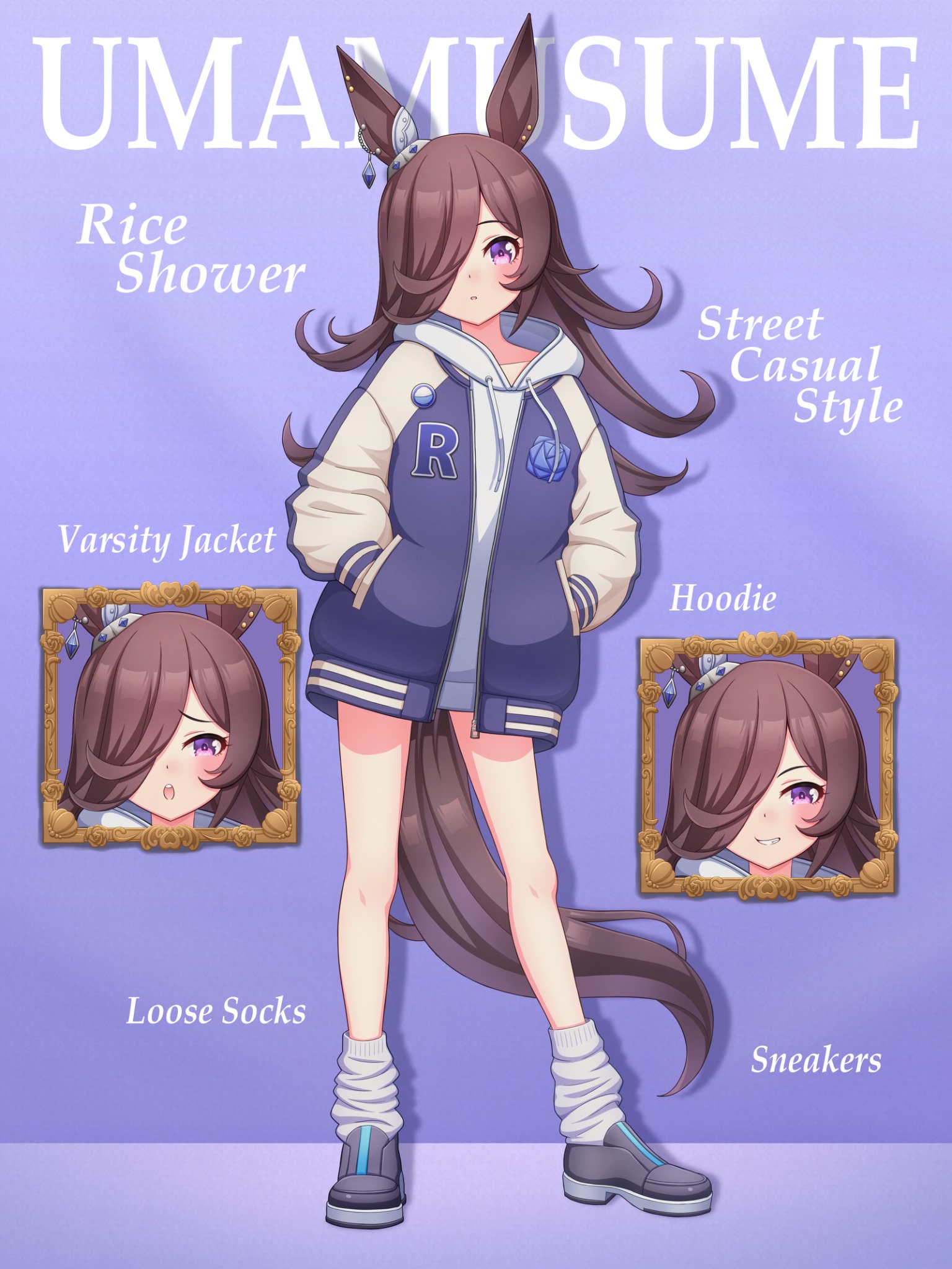 hokuyukis, rice shower (umamusume), umamusume, commentary request, highres, 1girl, :o, alternate costume, animal ears, black shoes, blue flower, blue jacket, blue rose, blush, brown hair, character name, collarbone, copyright name, drawstring, ear ornament, earrings, english text, flower, full body, hair over one eye, hands in pockets, horse ears, horse girl, horse tail, jacket, jewelry, letterman jacket, long hair, long sleeves, looking at viewer, loose socks, multiple expressions, puffy long sleeves, puffy sleeves, purple background, purple eyes, rose, shoes, single earring, socks, standing, tail, white sleeves, white socks, zipper