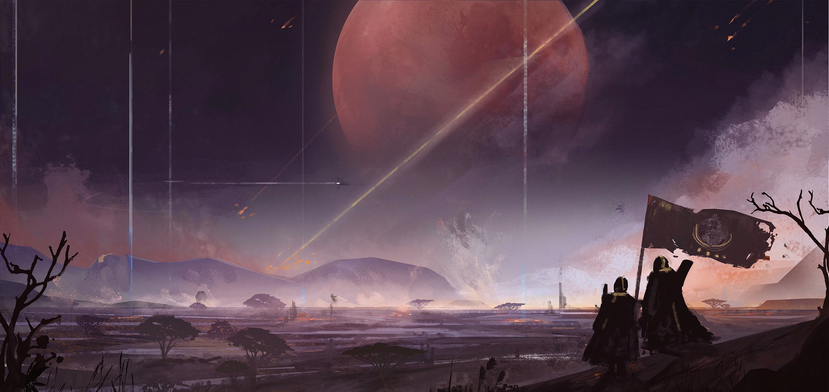kirok orange, helldiver (helldivers), helldivers (series), highres, 2boys, fog, multiple boys, scenery, sky, star (sky), starry sky