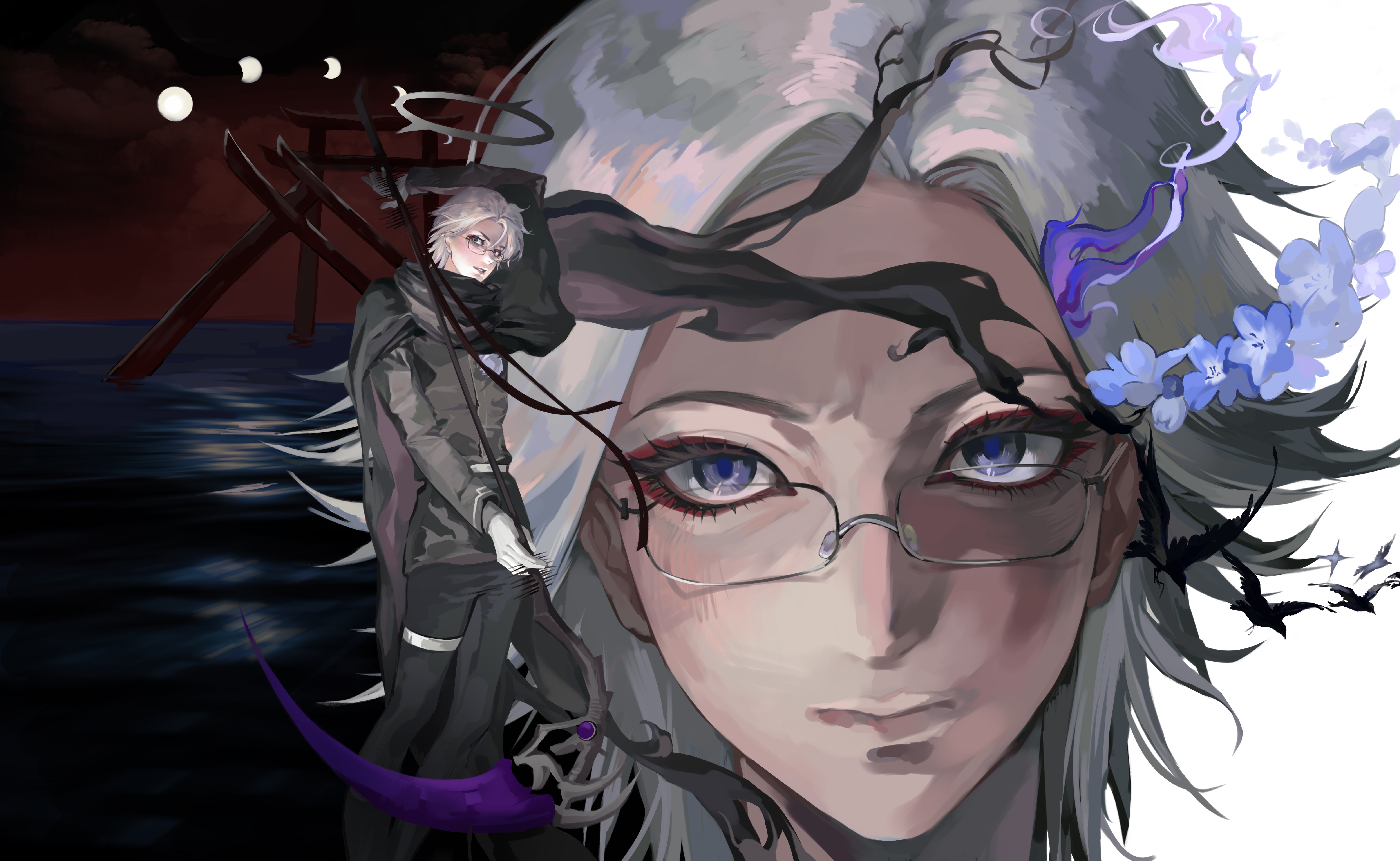 aotsuki eito, the hundred line -last defense academy-, absurdres, chinese commentary, commentary request, highres, spoilers, 1boy, arm up, bird, black cloak, black jacket, black pants, blue eyes, cloak, crow, eyeliner, flower, full moon, gakuran, gibbous moon, glasses, gloves, grey hair, holding, holding scythe, holding weapon, jacket, last defense academy school uniform, looking at viewer, looking to the side, makeup, male focus, marmorealz, moon, multiple torii, multiple views, ocean, official alternate hairstyle, pants, parted lips, red eyeliner, red sky, school uniform, scythe, short hair, sky, torii, water, weapon, white gloves