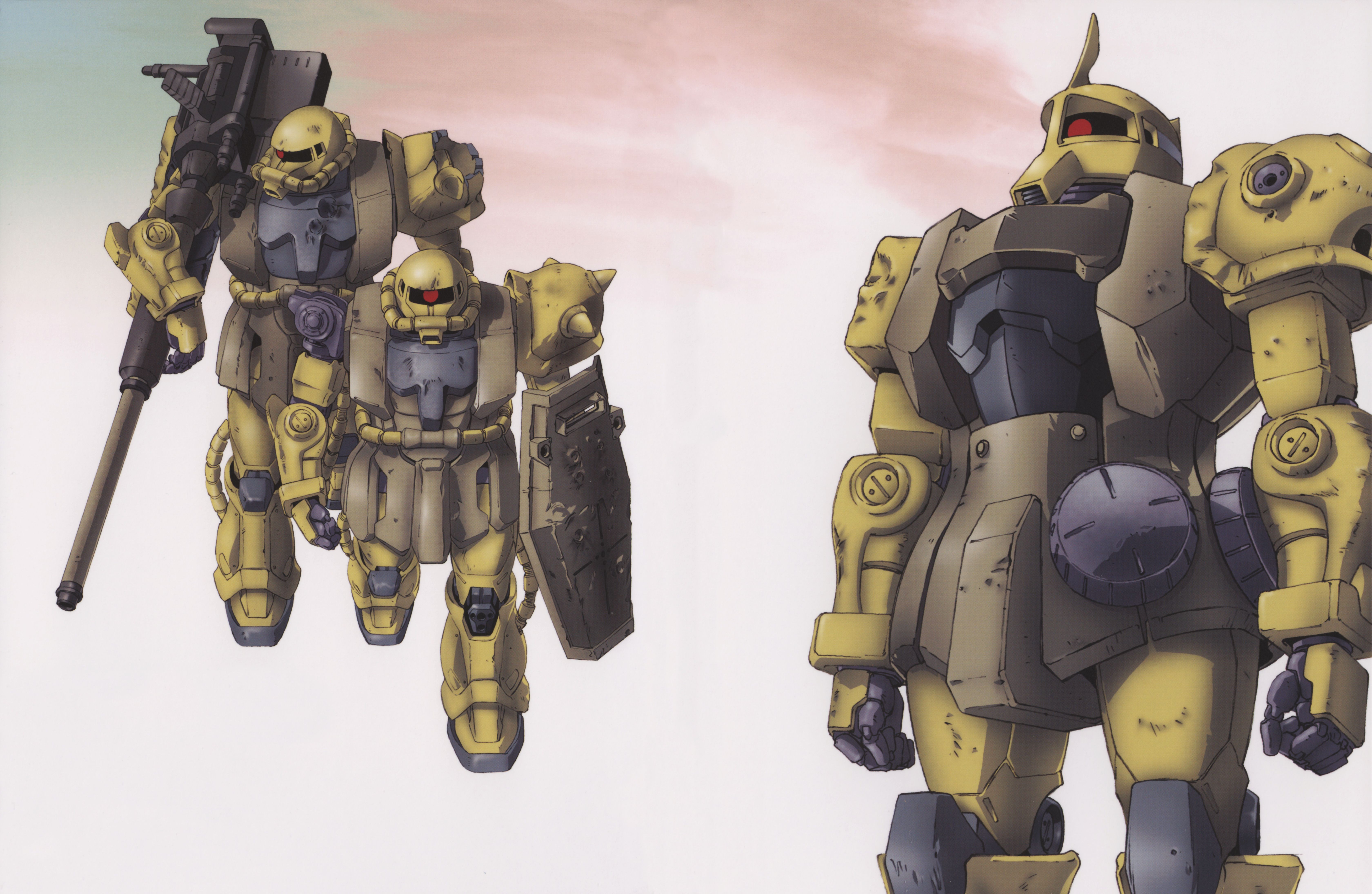 zaku, zaku i, zaku ii, zaku ii f/j, gundam, gundam 08th ms team, absurdres, highres, battle damage, cannon, damaged, mecha, robot, shield