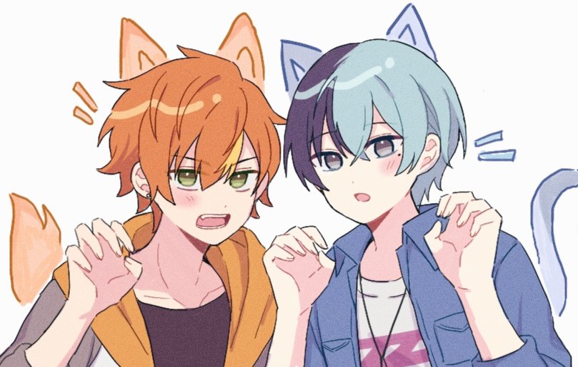 biyo, aoyagi touya, shinonome akito, project sekai, commentary request, 2boys, blonde hair, blue hair, blush, cat tail, claw pose, collared shirt, fang, green eyes, hand up, hands up, hood, hooded jacket, jacket, jewelry, looking at viewer, male focus, mole, mole under mouth, multicolored hair, multiple boys, necklace, notice lines, open clothes, open jacket, open shirt, orange hair, shirt, short hair, simple background, split-color clothes, streaked hair, tail, teeth, three-quarter sleeves, two side up, upper teeth only, white background