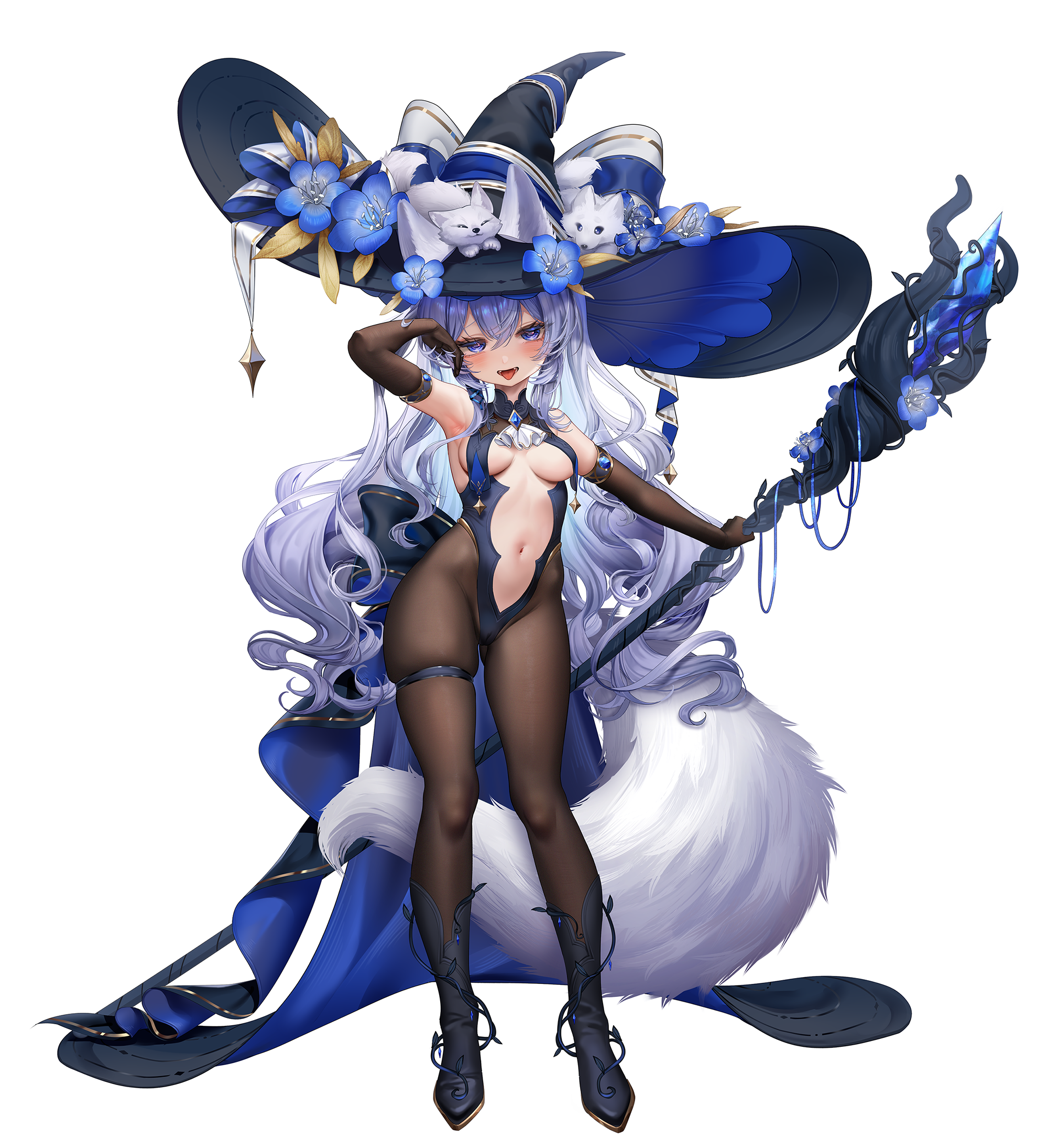 shangtianrudi xiaobailang, original, highres, 1girl, animal ears, armpits, black boots, black pantyhose, blue eyes, blush, boots, breasts, cat, flower, full body, groin, hat, hat flower, holding, holding staff, large hat, long hair, looking at viewer, mage staff, medium breasts, navel, open mouth, pantyhose, simple background, smile, solo, staff, stomach, tail, thigh strap, tongue, tongue out, waist cape, white background, white hair, witch, witch hat, wolf, wolf ears, wolf girl, wolf tail