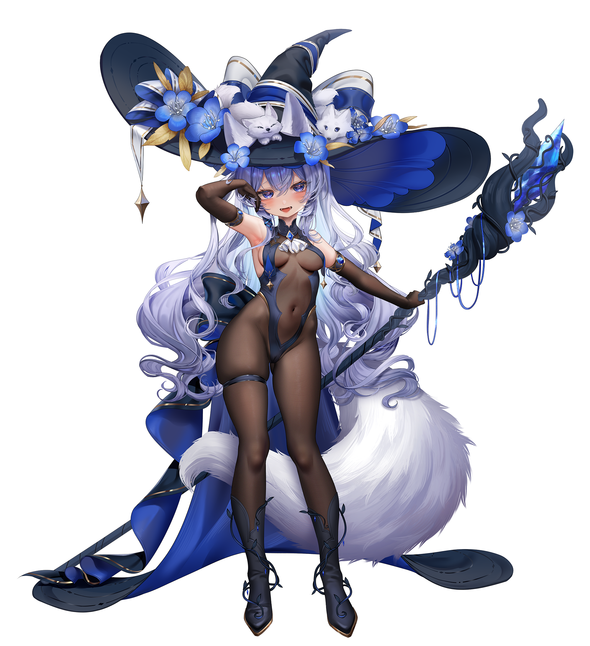 shangtianrudi xiaobailang, original, black bodystocking, highres, 1girl, animal ears, armpits, black boots, blue eyes, blush, boots, breasts, cat, covered navel, flower, full body, groin, hat, hat flower, holding, holding staff, large hat, long hair, looking at viewer, mage staff, medium breasts, open mouth, simple background, smile, solo, staff, tail, thigh strap, tongue, tongue out, waist cape, white background, white hair, witch, witch hat, wolf, wolf ears, wolf girl, wolf tail