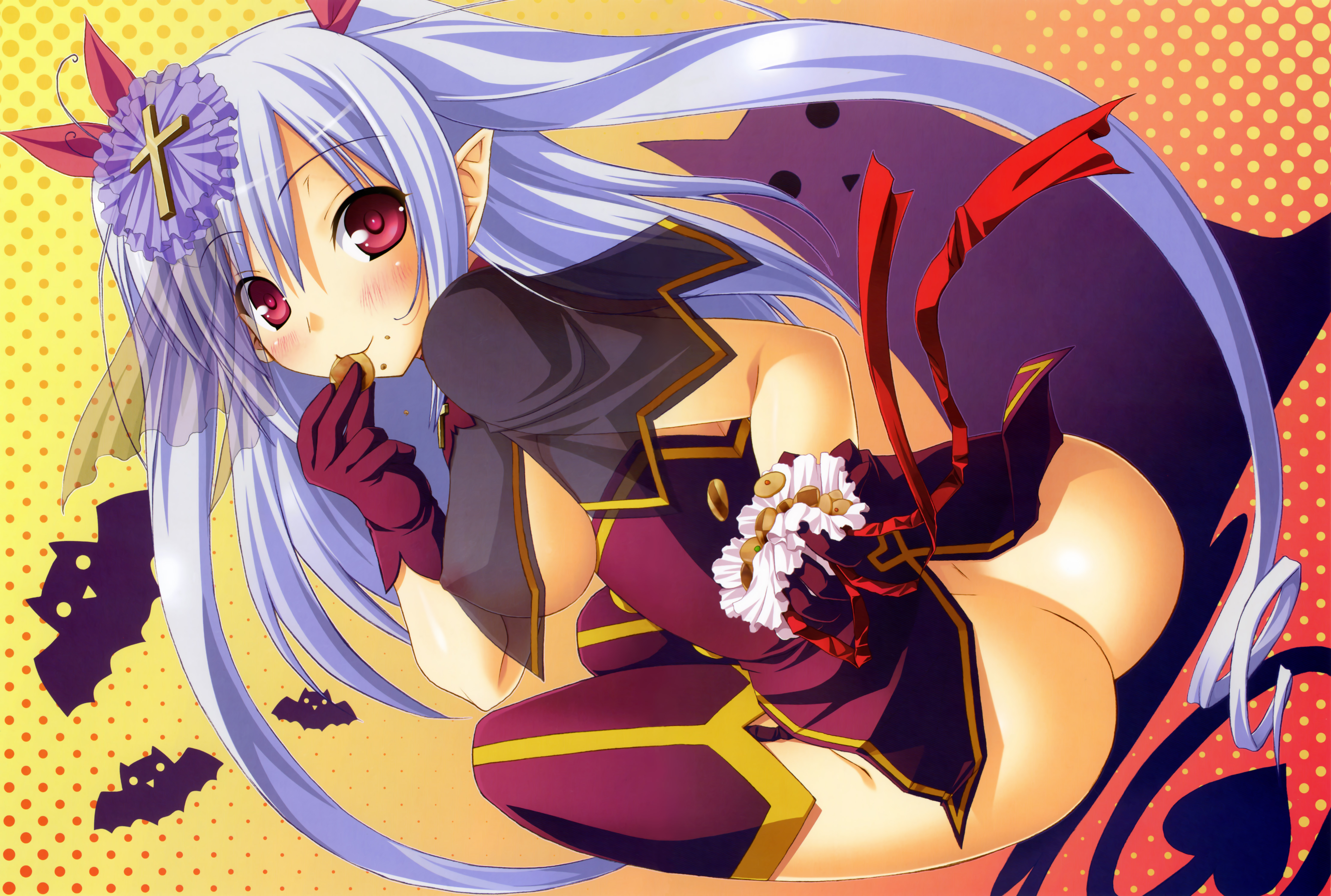 ozawa akifumi, chuchu astram, chu x chu idol, absurdres, highres, 1girl, ass, blue hair, blush, breasts, cookie, covered erect nipples, cross, demon girl, female focus, food, gloves, hair ribbon, large breasts, long hair, nipples, no bra, no panties, pointy ears, red eyes, ribbon, see-through clothes, smile, solo, thighhighs, twintails