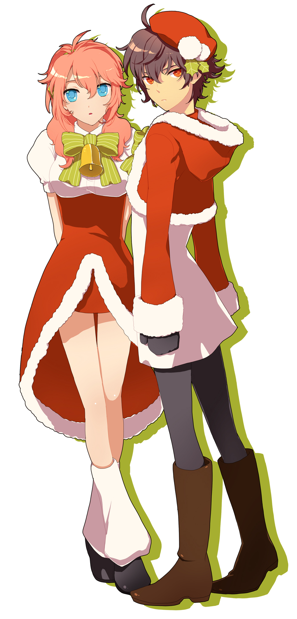 belluch, konnyakuyukko, feldt grace, setsuna f. seiei, gundam, gundam 00, bad id, bad pixiv id, highres, 00s, 1boy, 1girl, bell, beret, black hair, blue eyes, boots, bow, christmas, dress, hat, hood, hoodie, pantyhose, pink hair, red eyes, santa costume, skirt, socks