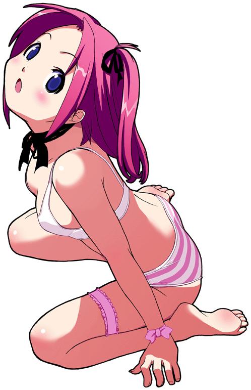 koutaro, jpeg artifacts, 1girl, barefoot, blue eyes, bra, feet, female focus, open mouth, panties, pink hair, solo, underwear, underwear only