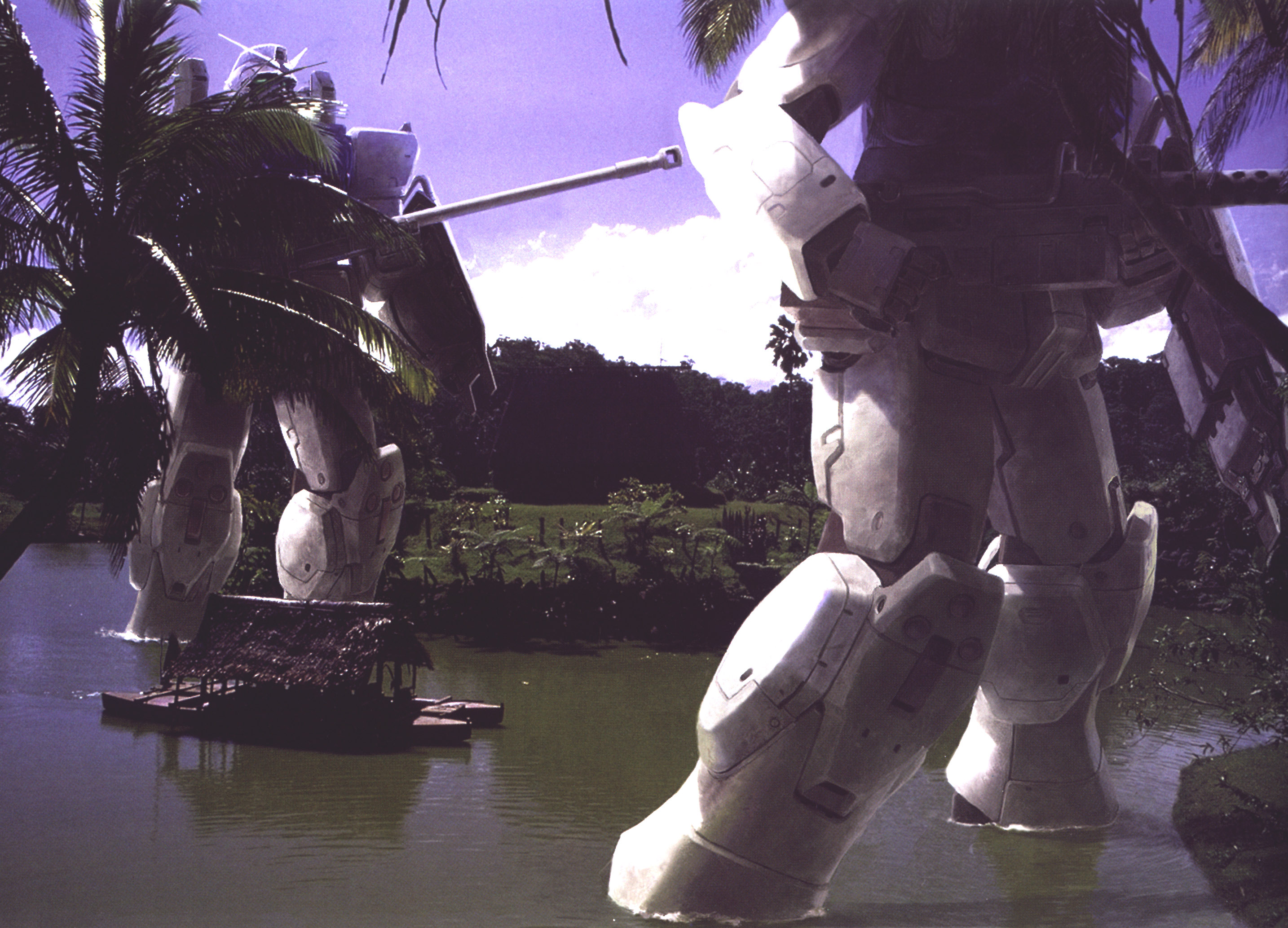 katoki hajime, ground gundam, gundam, gundam 08th ms team, highres, scan, boat, cannon, forest, gun, machine gun, mecha, nature, no humans, realistic, river, robot, shield, watercraft, weapon