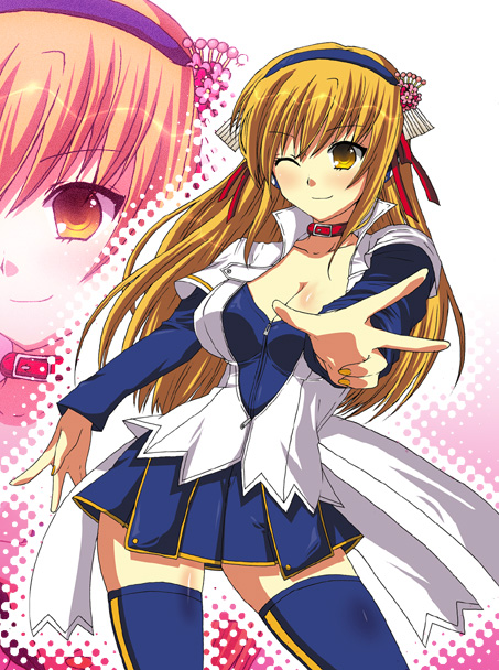 futaba 841, umegiri iroha, beatmania iidx, bemani, 1girl, blonde hair, breasts, choker, cleavage, hair ornament, large breasts, one eye closed, skirt, thighhighs, wink, yellow eyes, zipper