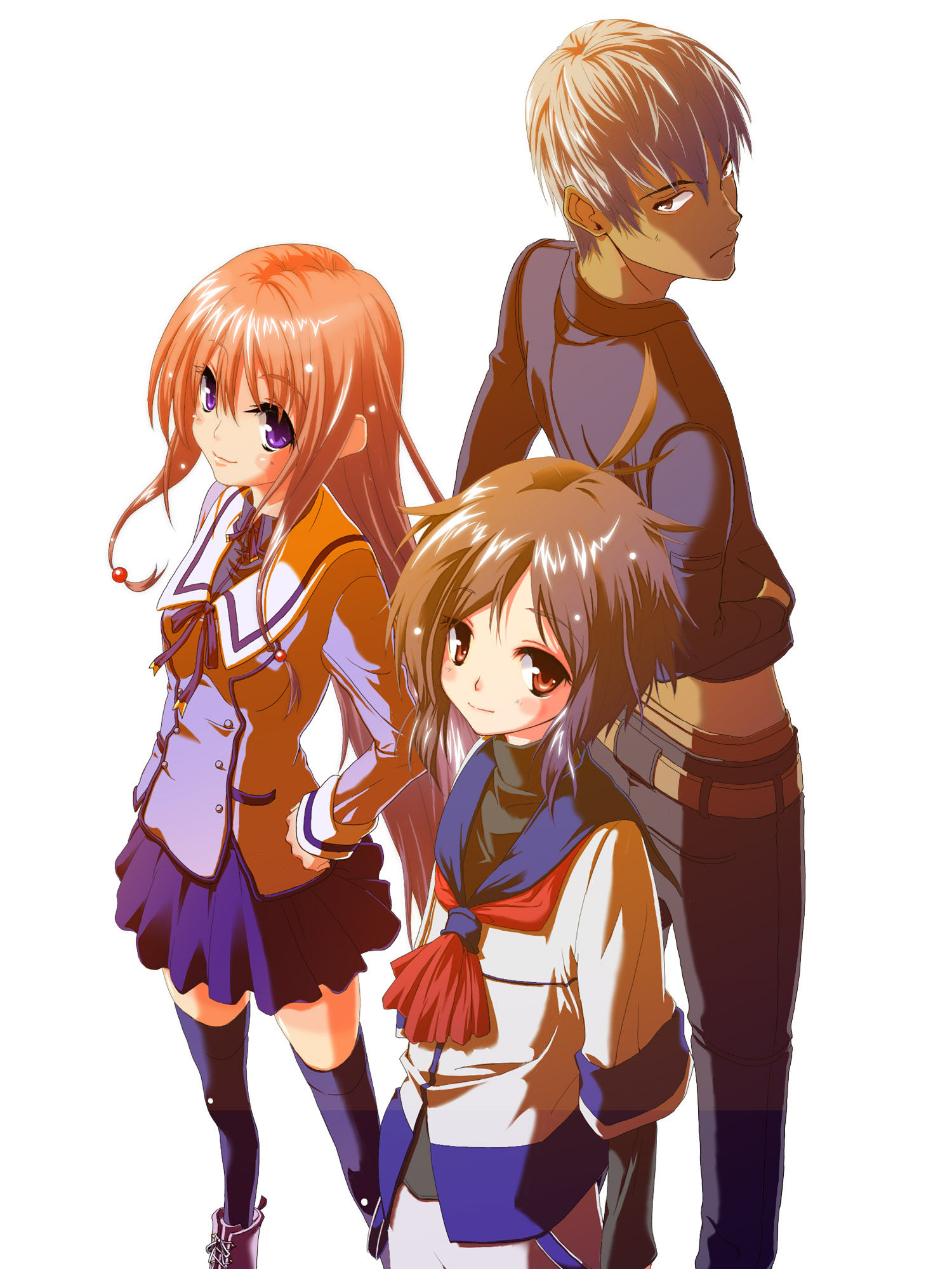 kokoroke, kokoroke (556k), original, bad id, bad pixiv id, highres, 1boy, 2girls, long hair, multiple girls, purple eyes, red eyes, school uniform, short hair, thighhighs, zettai ryouiki