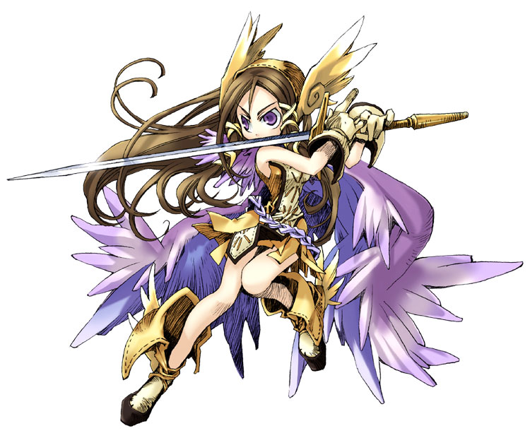 kiyuzuki satoko, valkyrie (yggdra union), yggdra union, official art, 1girl, armor, armored dress, brown hair, dress, female focus, helmet, long hair, purple eyes, solo, sword, valkyrie, very long hair, weapon, winged helmet, wings