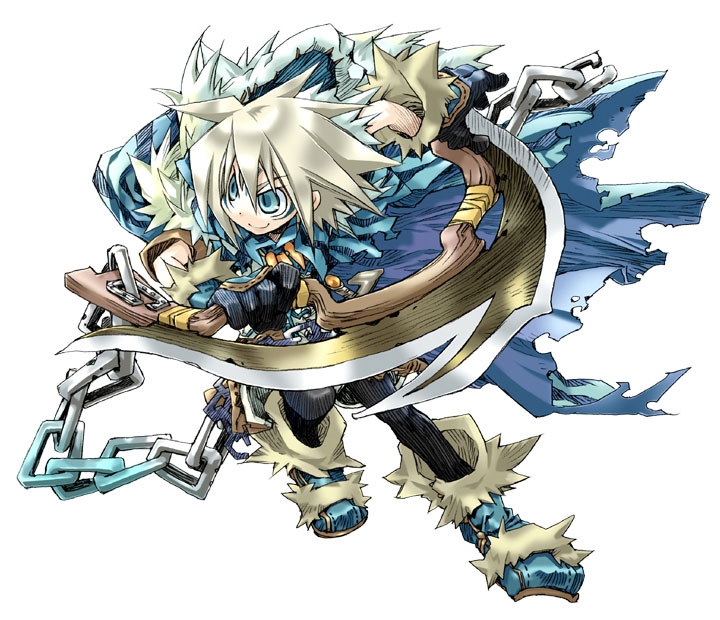 kiyuzuki satoko, milanor (yggdra union), yggdra union, silver hair, official art, axe, blonde hair, blue eyes, boots, chain, solo, weapon