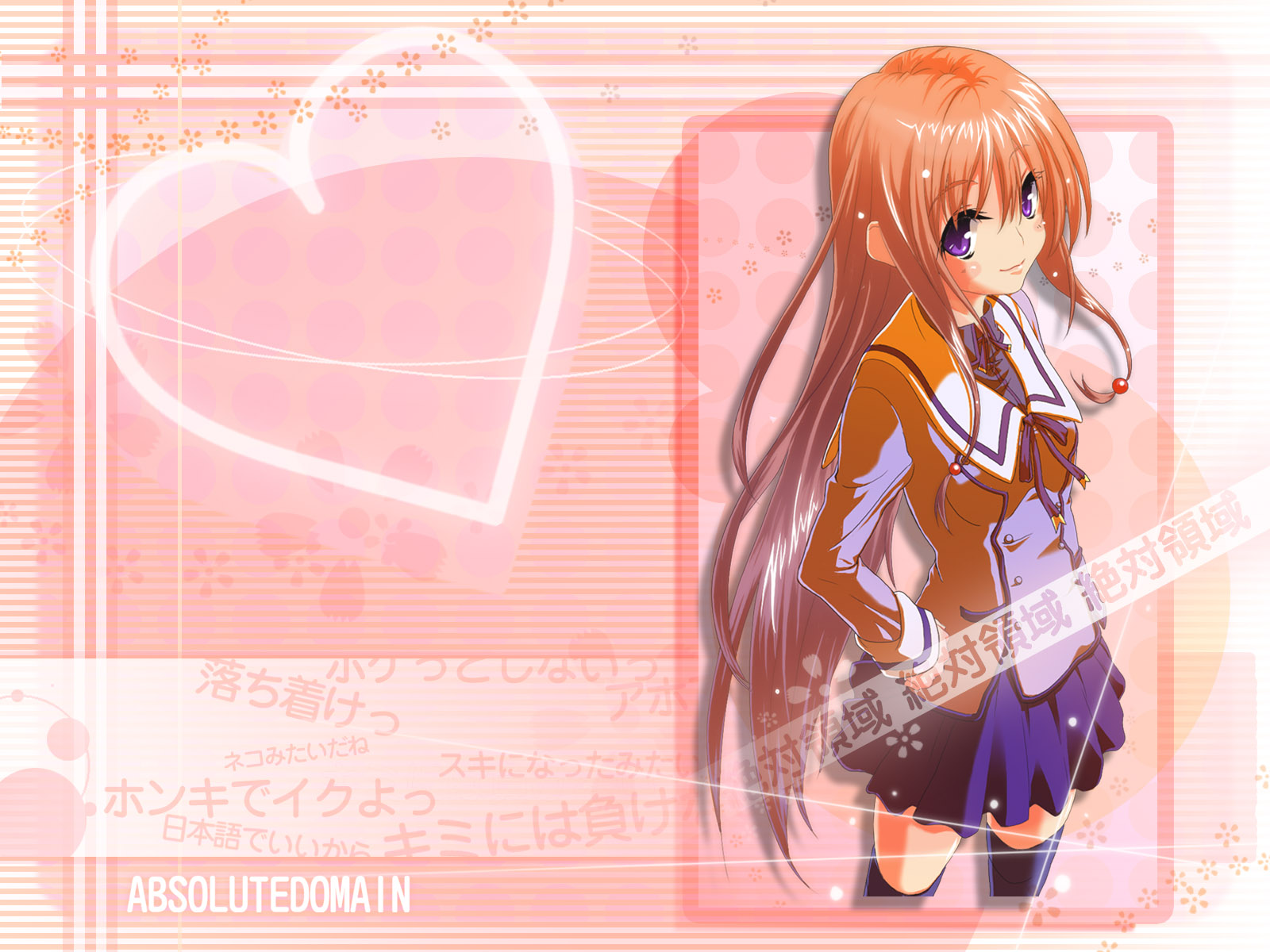 kokoroke, kokoroke (556k), original, bad id, bad pixiv id, highres, 1girl, female focus, japanese text, long hair, multicolored hair, purple eyes, school uniform, solo, thighhighs, zettai ryouiki