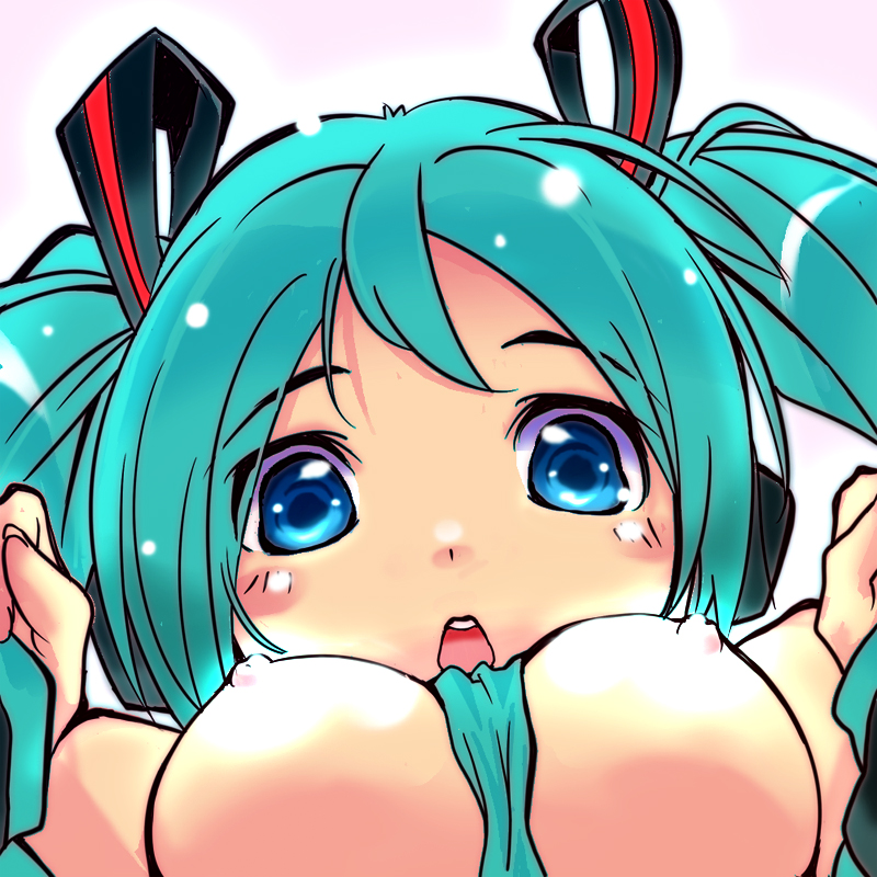 kokoroke, kokoroke (556k), hatsune miku, vocaloid, bad id, bad pixiv id, 1girl, aqua hair, between breasts, blue eyes, breasts, clothes between breasts, female focus, large breasts, nipples, open mouth, solo, twintails, wardrobe malfunction