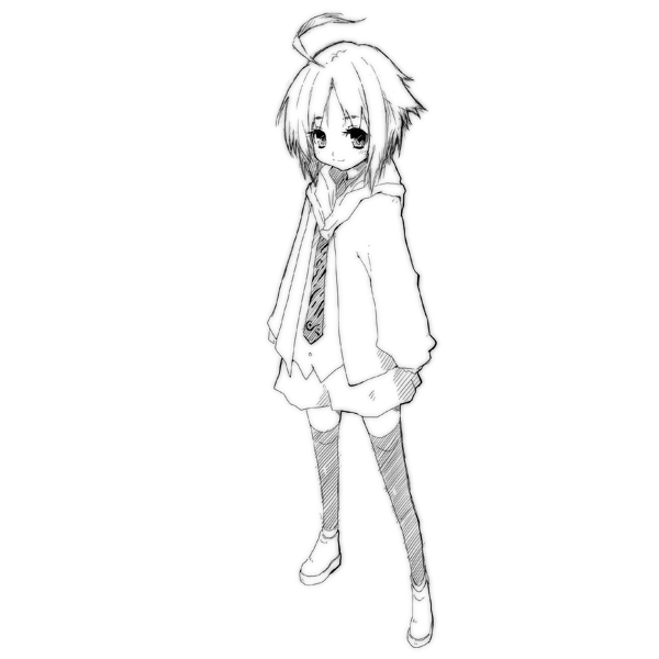 kokoroke, kokoroke (556k), original, bad id, bad pixiv id, 1girl, ahoge, female focus, greyscale, monochrome, short hair, sketch, solo, thighhighs