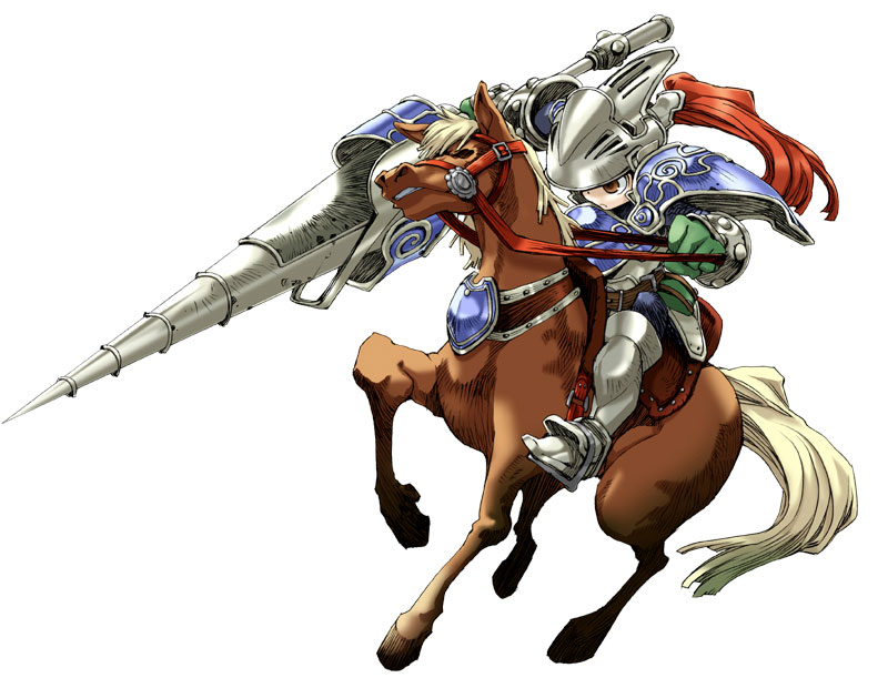 kiyuzuki satoko, yggdra union, official art, 1boy, armor, barding, breastplate, full armor, greaves, helmet, horse, horseback riding, knight, lance, male focus, pauldrons, polearm, riding, shoulder armor, simple background, solo, spear, weapon, white background