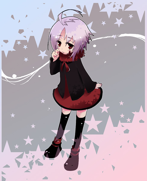 kokoroke, kokoroke (556k), original, bad id, bad pixiv id, 1girl, ahoge, female focus, purple eyes, short hair, solo, thighhighs, zettai ryouiki