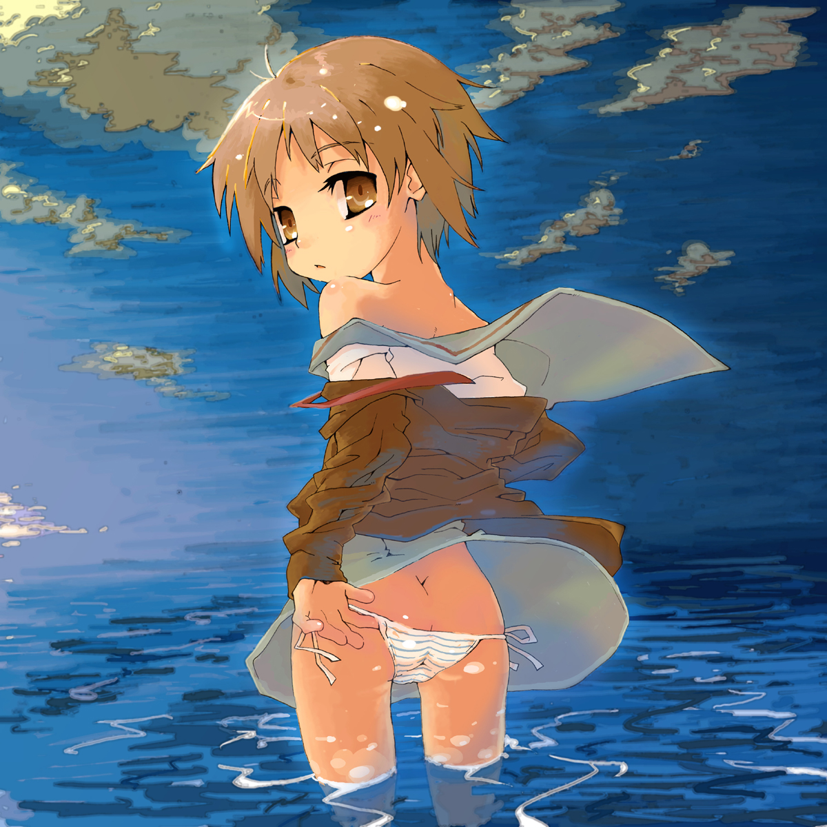 kokoroke, kokoroke (556k), nagato yuki, suzumiya haruhi no yuuutsu, bad id, bad pixiv id, highres, 00s, 1girl, female focus, looking back, panties, side-tie panties, solo, striped clothes, striped panties, underwear