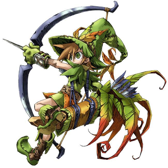 kiyuzuki satoko, hunter (yggdra union), yggdra union, official art, 1boy, bow (weapon), brown hair, green eyes, hat, hunter, leaf, male focus, quiver, solo, weapon